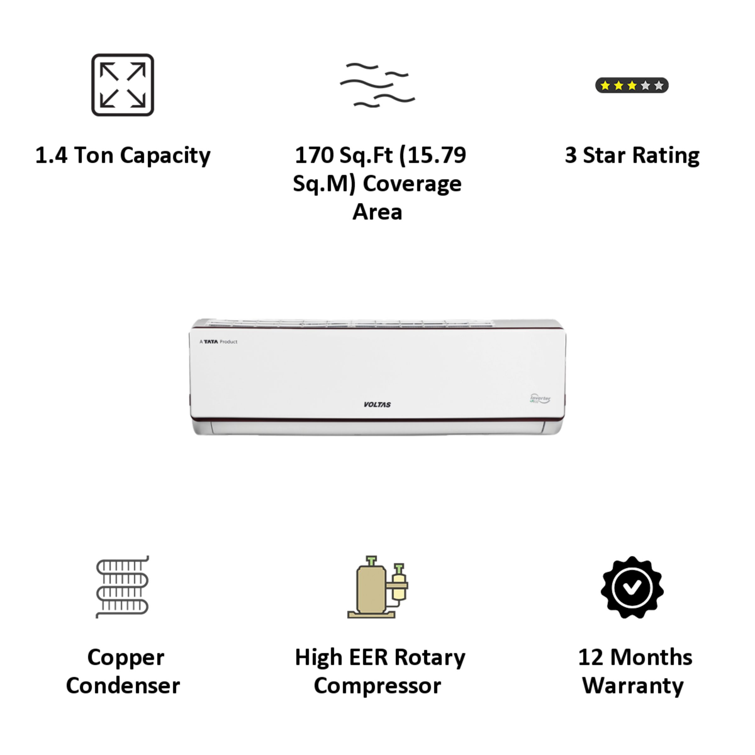 VOLTAS 1.4 Ton 3 Star Inverter Split AC (Copper Condenser, Anti Dust Filter, 173V ADJ)_5