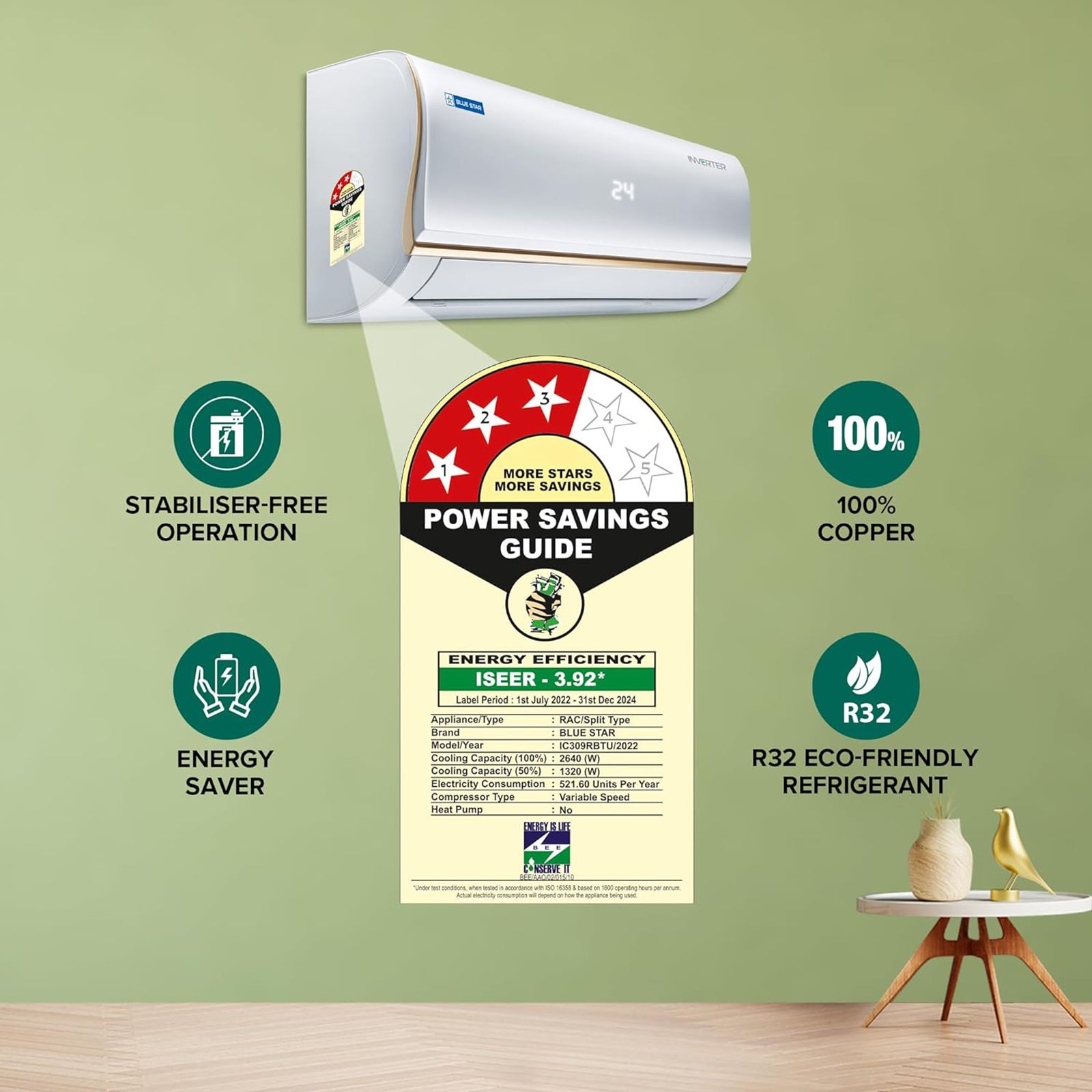 Blue Star 0.8 Ton 3 Star Inverter Split AC (Copper Condenser, Dust Filter, IC309RBTU)_9