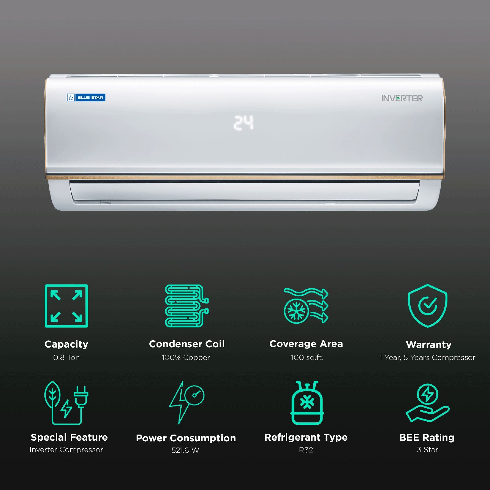 Blue Star 0.8 Ton 3 Star Inverter Split AC (Copper Condenser, Dust Filter, IC309RBTU)_2