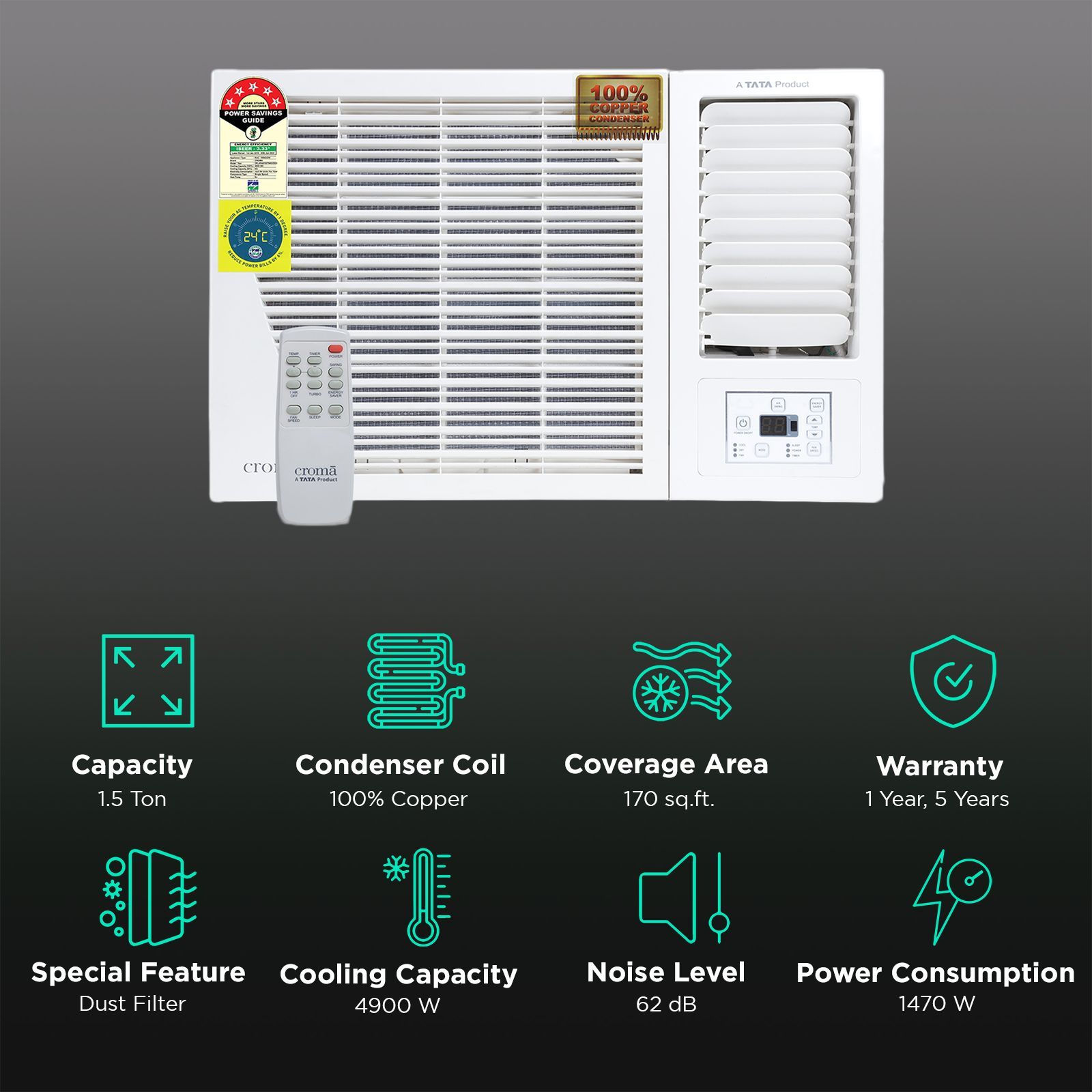 Croma 1.5 Ton 5 Star Window AC (Copper Condenser, Dust Filter, CRLAWA0185T9403)_2