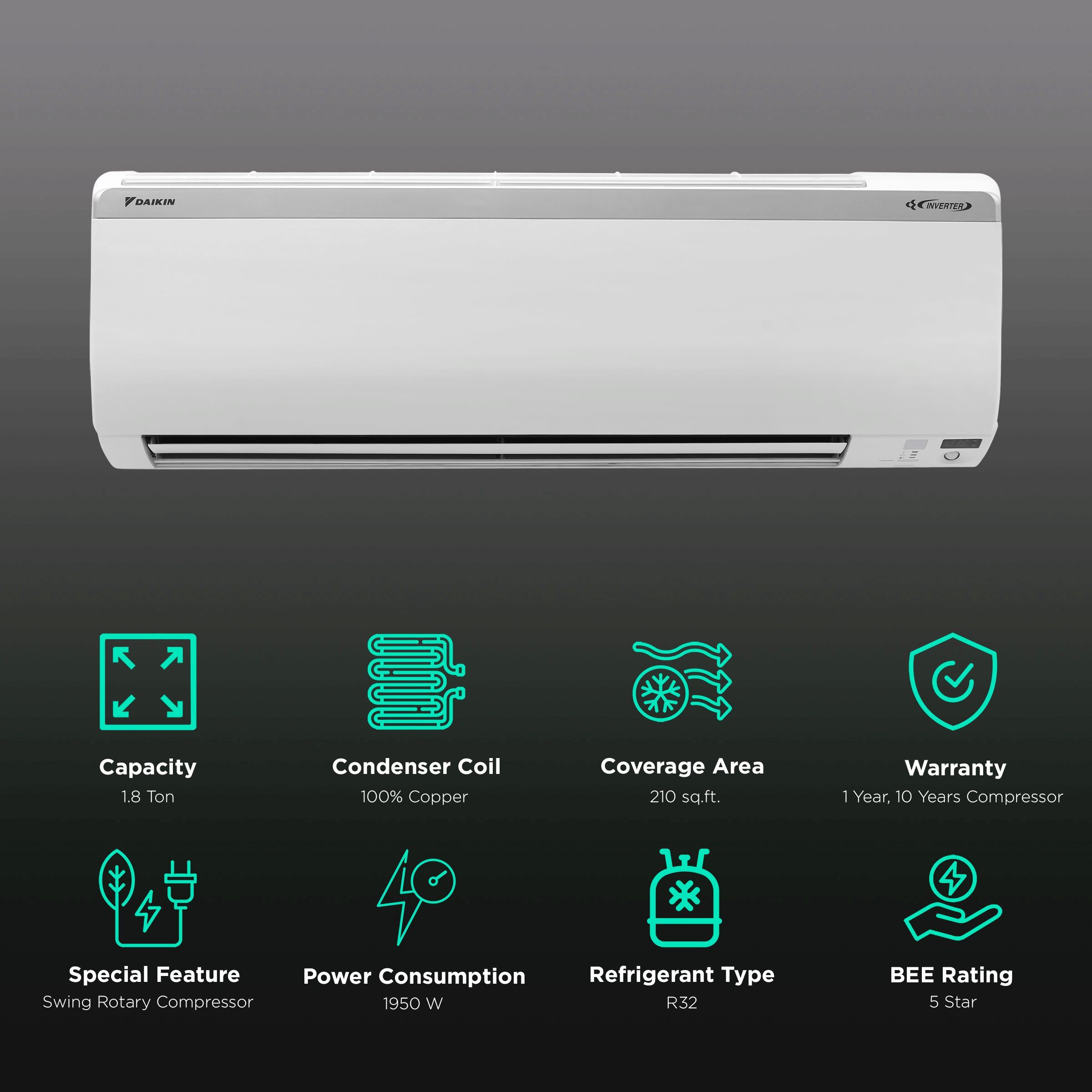 DAIKIN Streamer Discharge Series 1.8 Ton 5 Star Inverter Split AC (Copper Condenser, 4-Way Swing, JTKJ60UV) DAIKIN Streamer Discharge Series 1.8 Ton 5 Star Inverter Split AC (Copper Condenser, 4-Way Swing, JTKJ60UV)_2