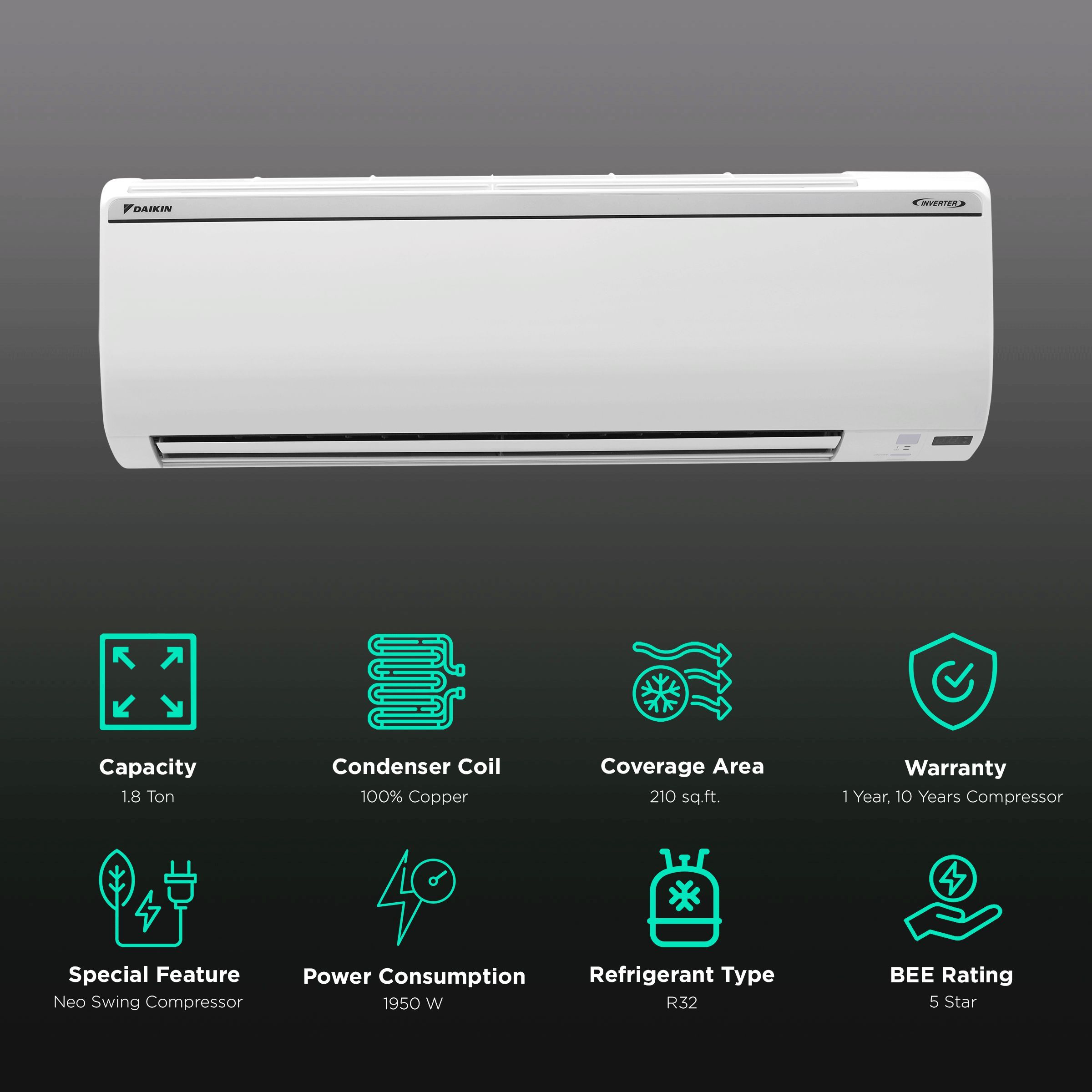 DAIKIN Standard Series 1.8 Ton 5 Star Inverter Split AC (Copper Condenser, PM 2.5 Filter, FTKM60UV) DAIKIN Standard Series 1.8 Ton 5 Star Inverter Split AC (Copper Condenser, PM 2.5 Filter, FTKM60UV)_2