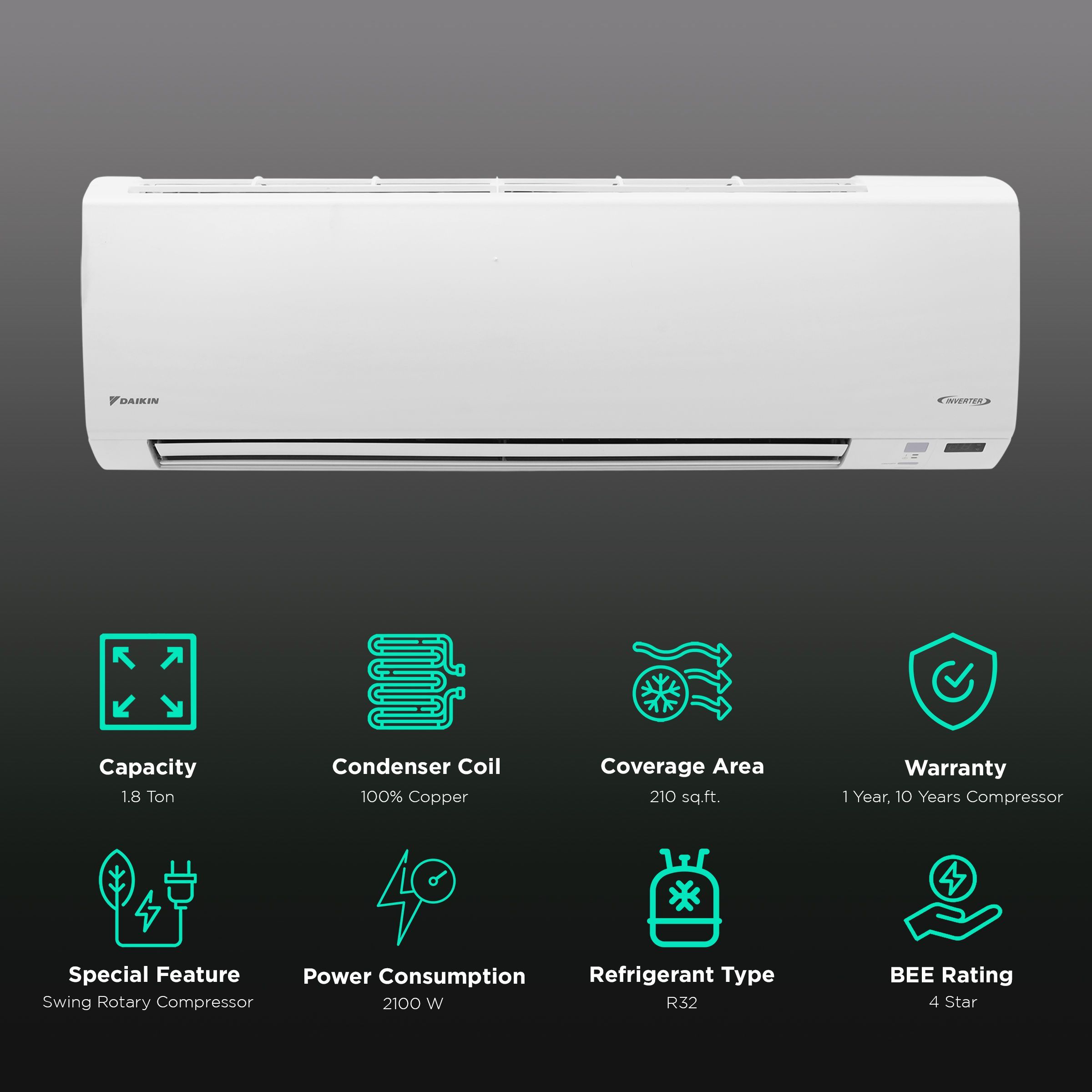 Daikin Standard+ Series 1.8 Ton 4 Star Inverter Split AC (Copper Condenser, Titanium Apatite Deodorizing Filter, ATKL60UV)_2