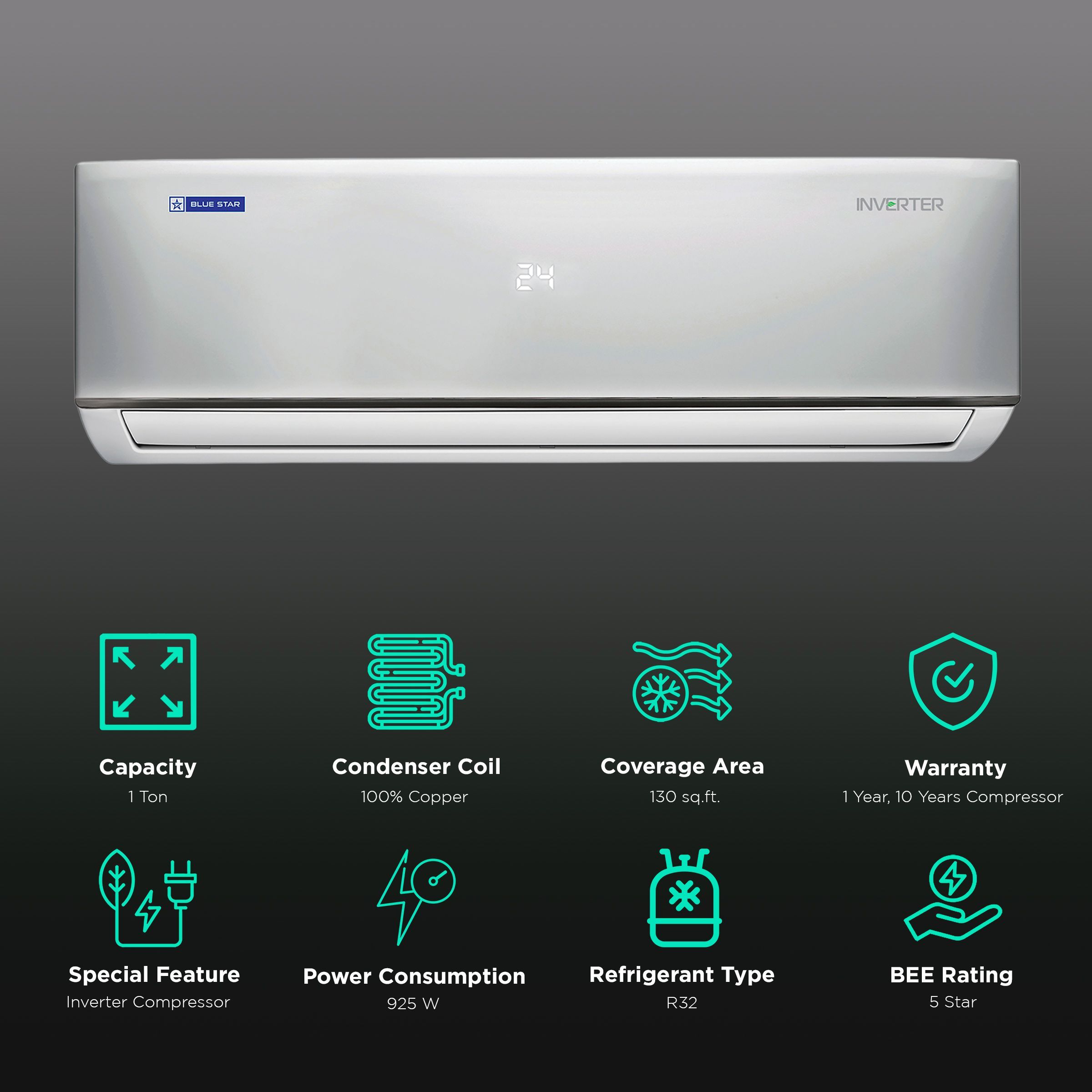 Blue Star 1 Ton 5 Star Inverter Split AC (Copper Condenser, Dust Filter, IA512DLU) Blue Star 1 Ton 5 Star Inverter Split AC (Copper Condenser, Dust Filter, IA512DLU)_2