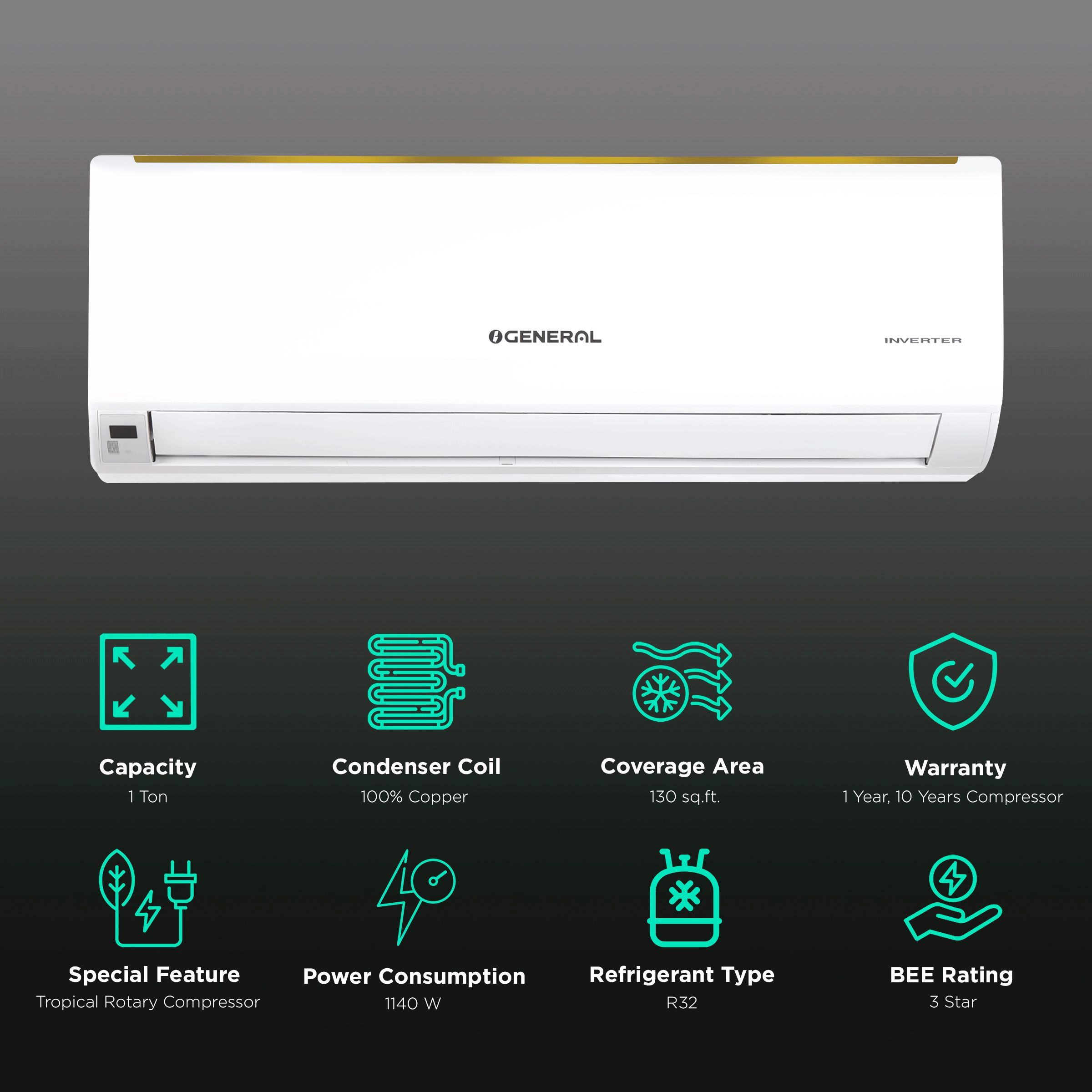 O GENERAL CLW Series 1 Ton 3 Star Inverter Split AC (Copper Condenser, Dust Filter, ASGA12CLWA-B) O GENERAL CLW Series 1 Ton 3 Star Inverter Split AC (Copper Condenser, Dust Filter, ASGA12CLWA-B)_2