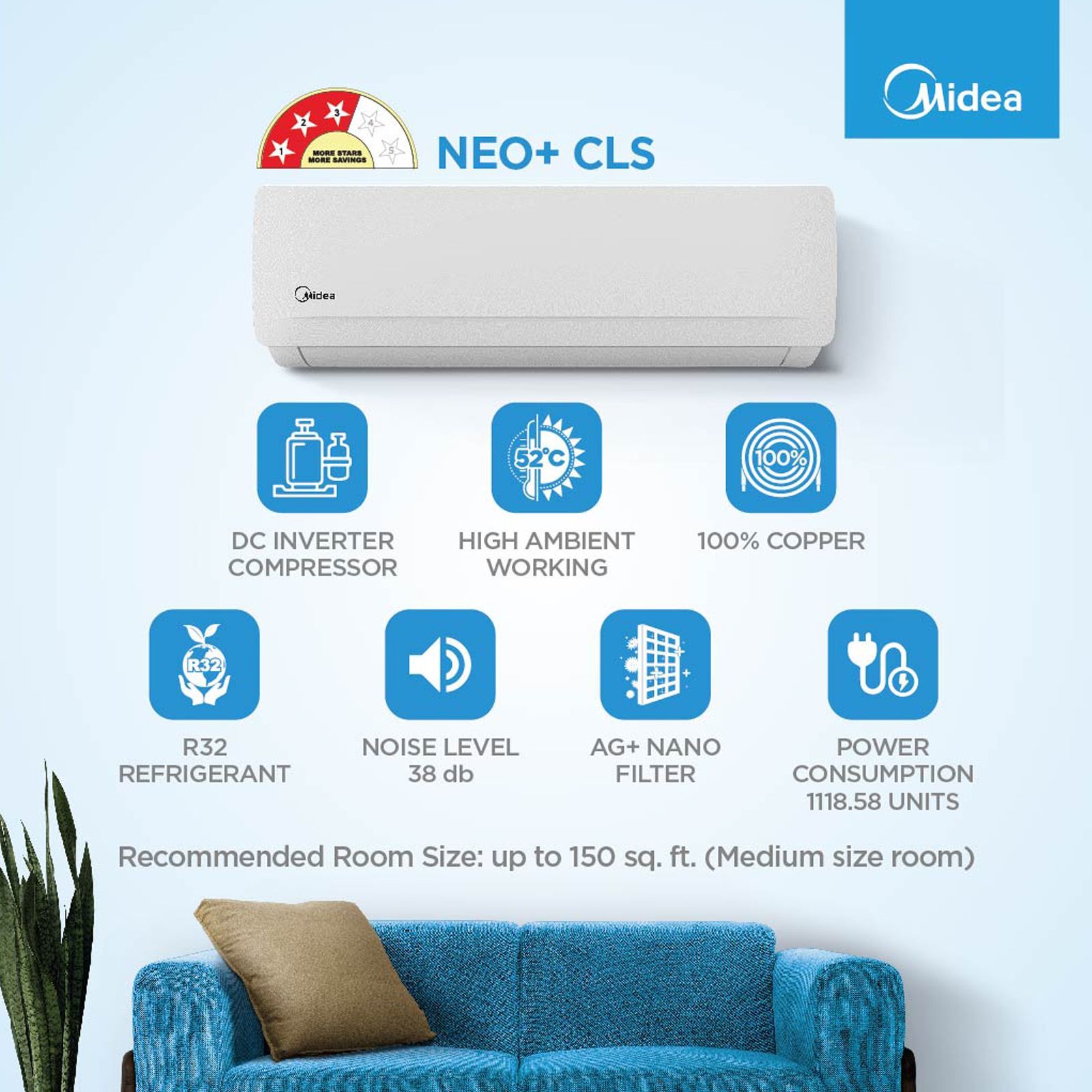 Midea Santis Neo+ CLS 1.5 Ton 3 Star Split AC (Copper Condenser, AG+ Nano Filter, MAS18SC3R30F1) Midea Santis Neo+ CLS 1.5 Ton 3 Star Split AC (Copper Condenser, AG+ Nano Filter, MAS18SC3R30F1)_7
