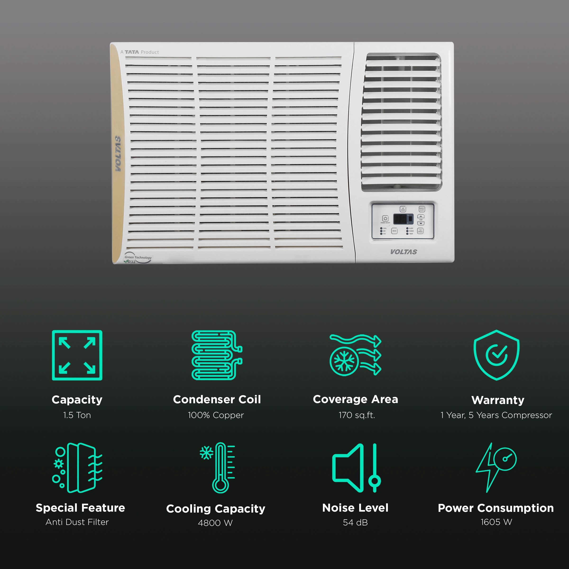 VOLTAS 1.5 Ton 3 Star Window AC (Copper Condenser, Anti Dust Filter, 183 MZD)_2