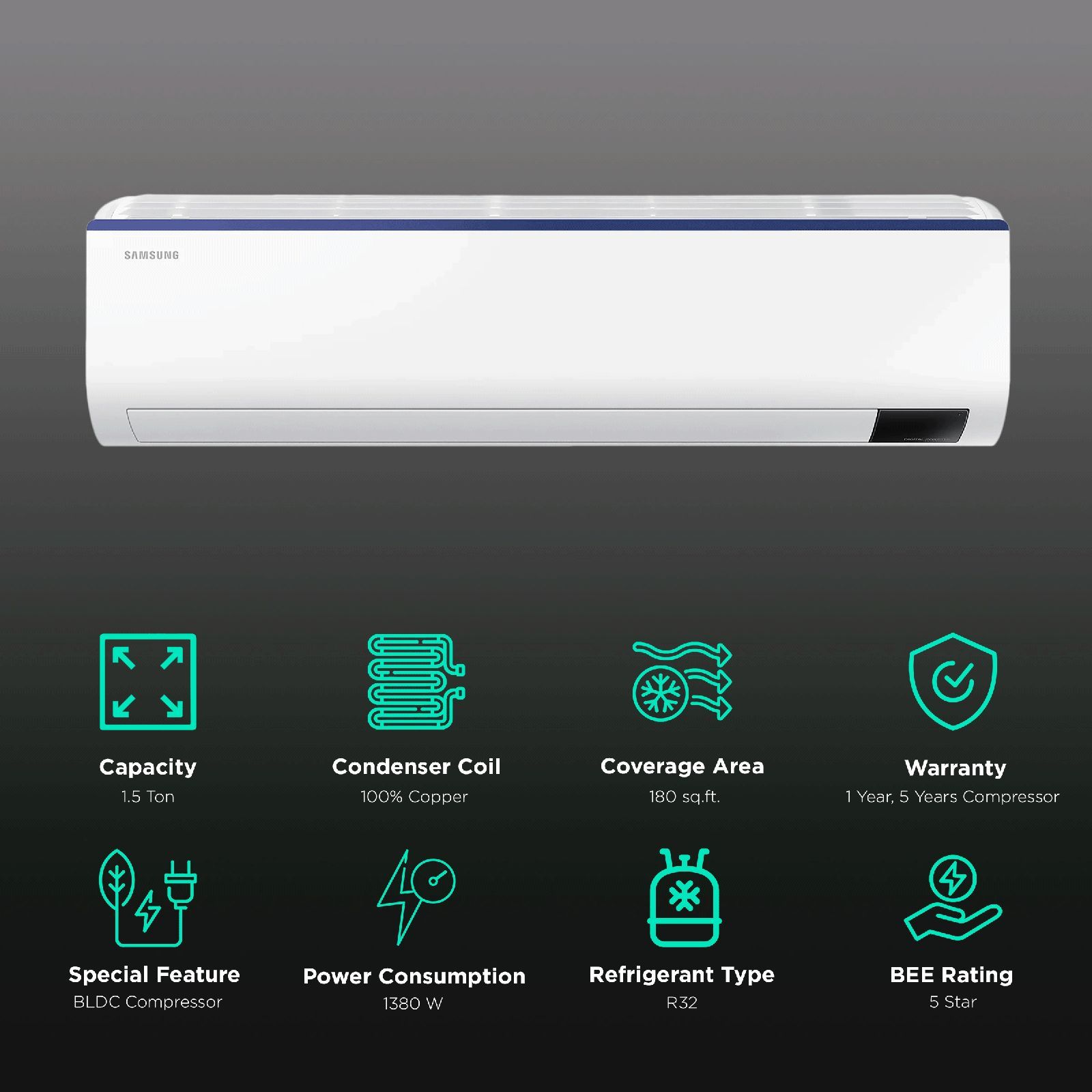 SAMSUNG 5 in 1 Convertible 1.5 Ton 5 Star Inverter Split AC with HD Filter (Copper Condenser, AR18BYNZAUR)_2