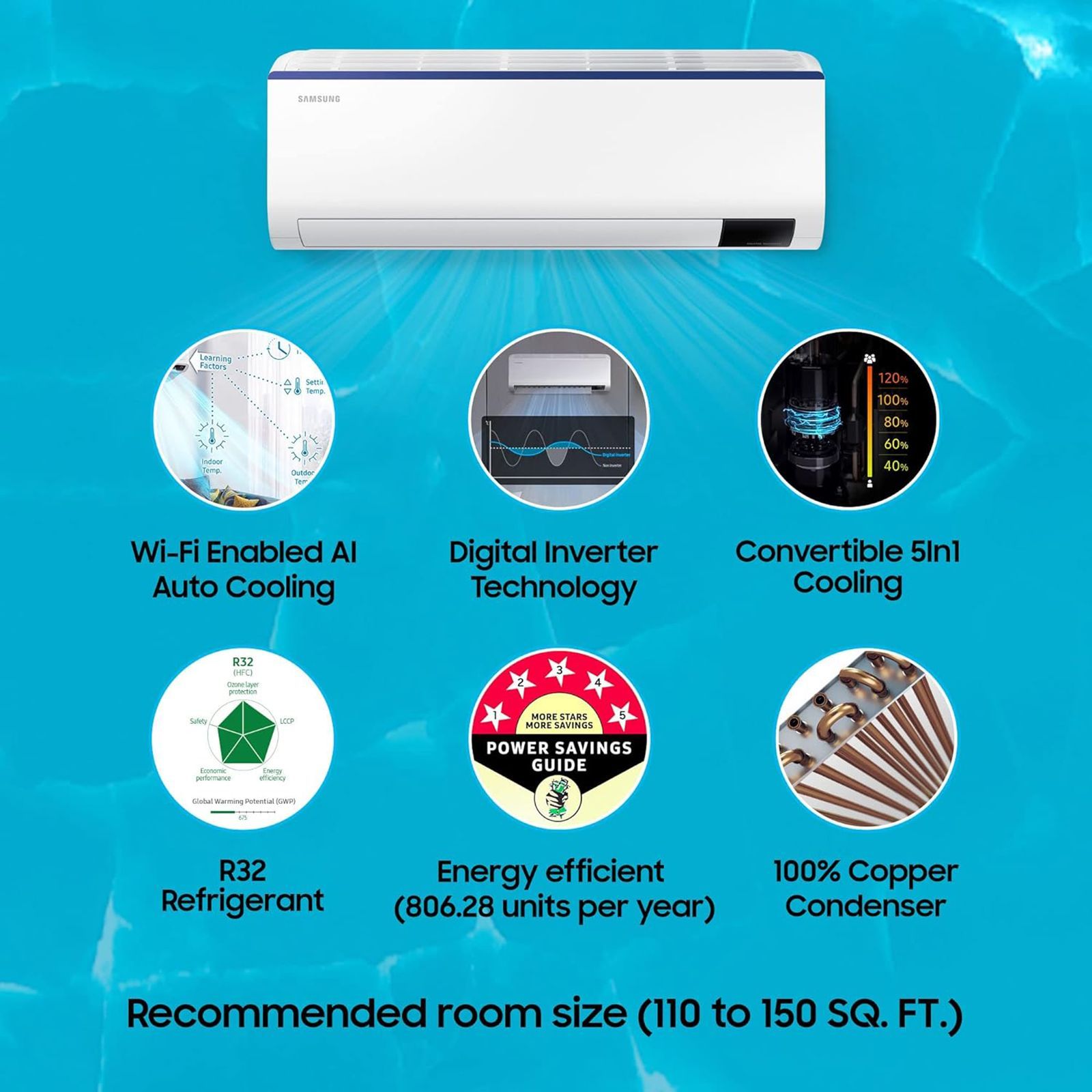 SAMSUNG 5 in 1 Convertible 1.5 Ton 5 Star Inverter Split Smart AC (Copper Condenser, AR18BYNZBWK)_12