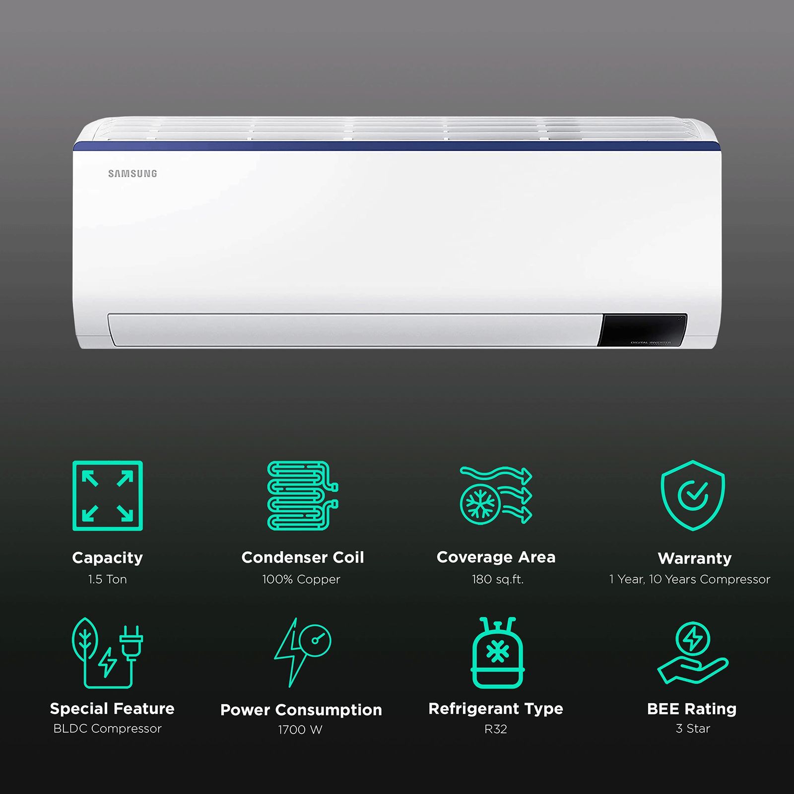 SAMSUNG 5 in 1 Convertible 1.5 Ton 3 Star Inverter Split AC with HD Filter (Copper Condenser, AR18BYLZAUR) SAMSUNG 5 in 1 Convertible 1.5 Ton 3 Star Inverter Split AC with HD Filter (Copper Condenser, AR18BYLZAUR)_2