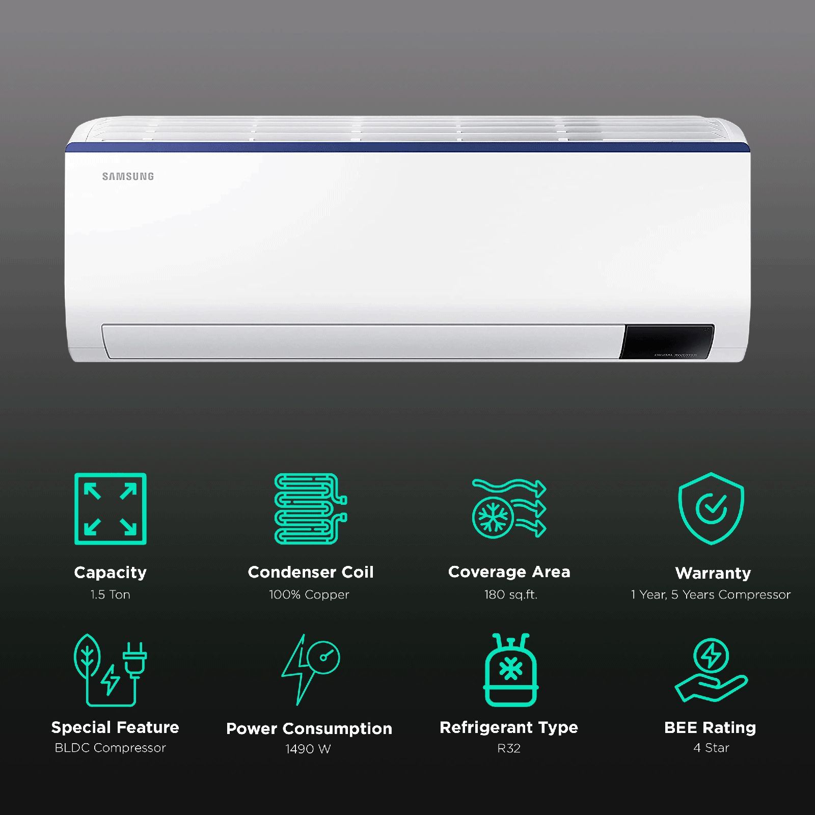 SAMSUNG 5 in 1 Convertible 1.5 Ton 4 Star Inverter Split AC with HD Filter (Copper Condenser, AR18BYMZAURNNA)_2