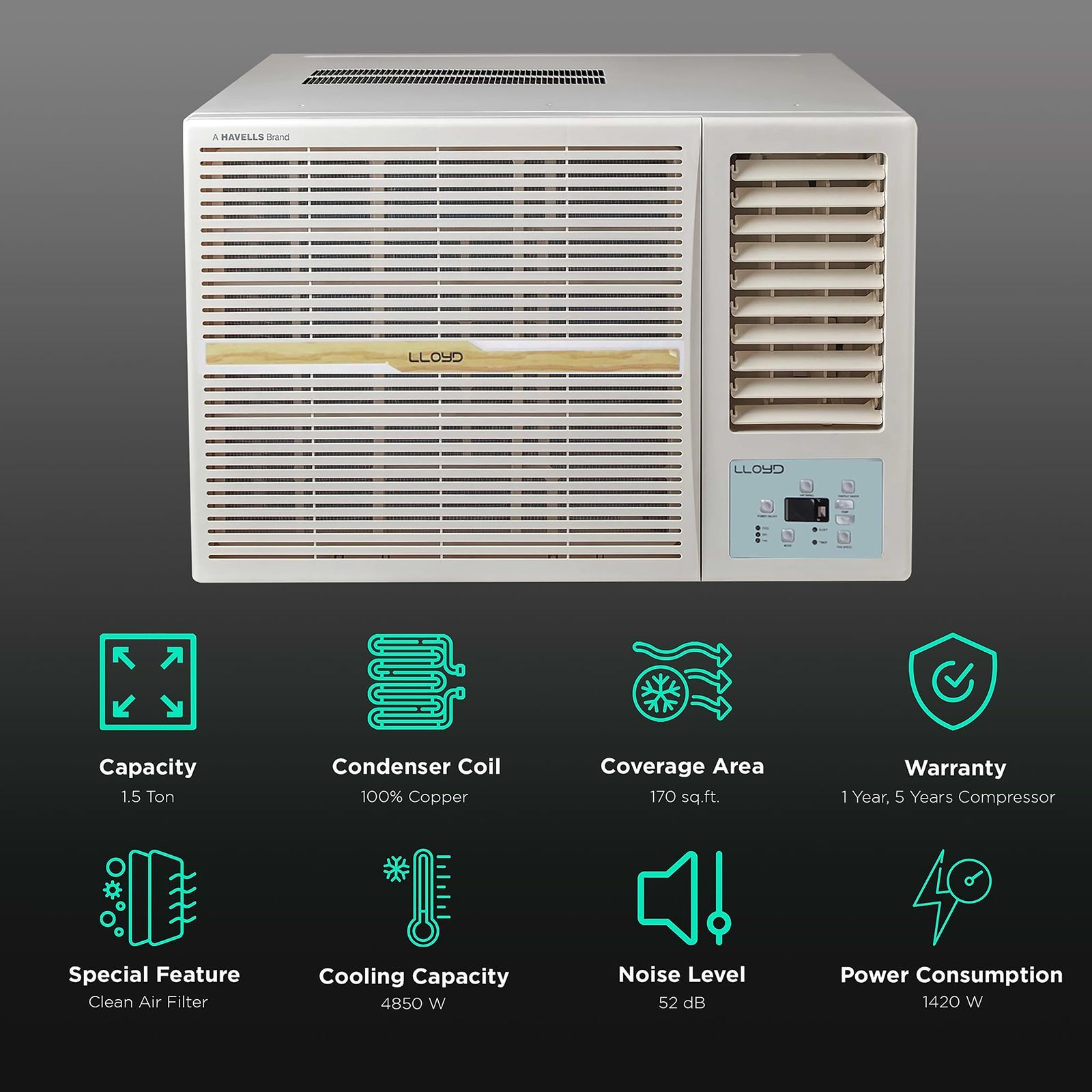 LLOYD 1.5 Ton 5 Star Window AC (Copper Condenser, Clean Air Filter, GLW18B5YWGEW)_2