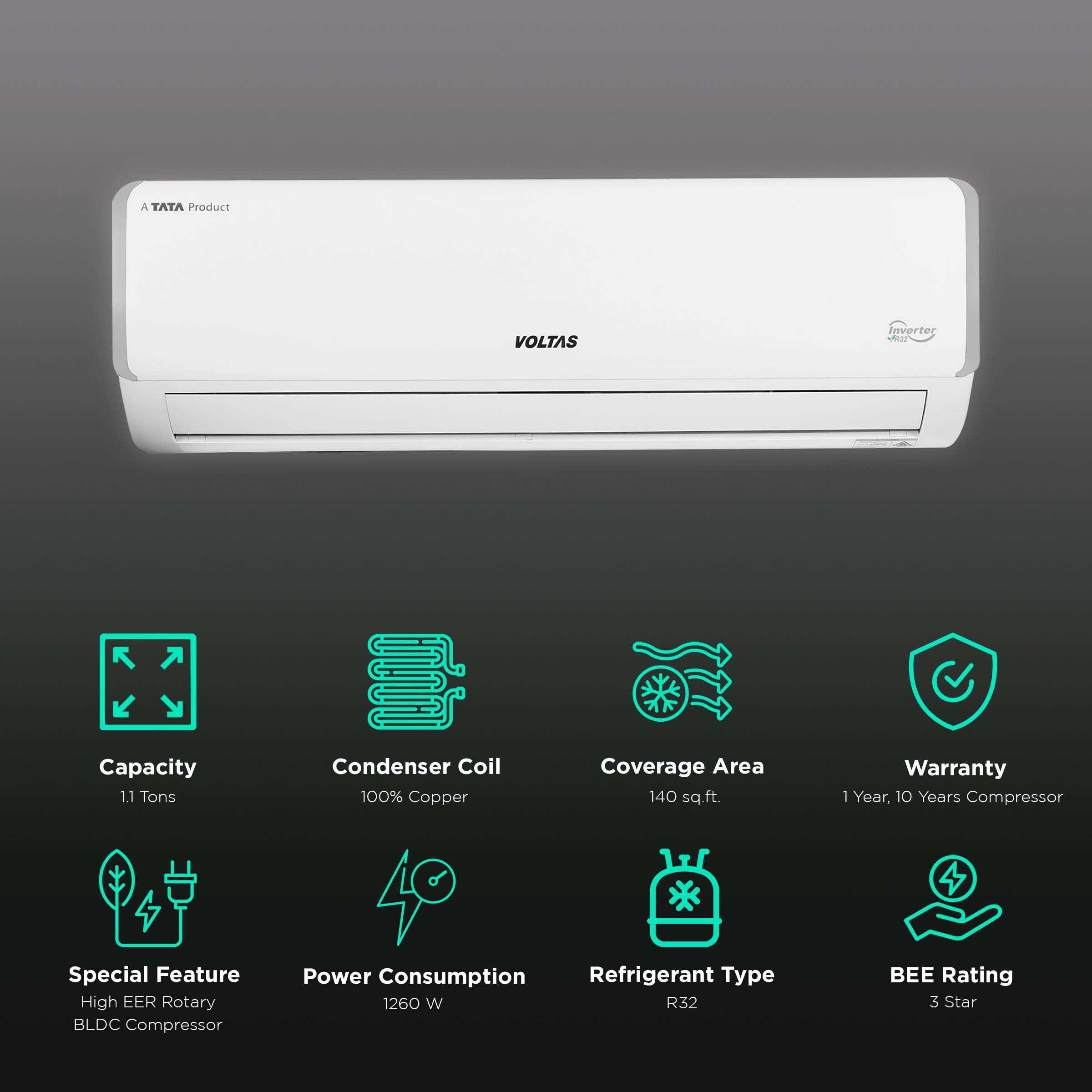 VOLTAS Executive 5 in 1 Convertible 1.1 Ton 3 Star Adjustable Inverter Split AC with Anti Microbial Protection (Copper Condenser, 133V MEAZQ)_2