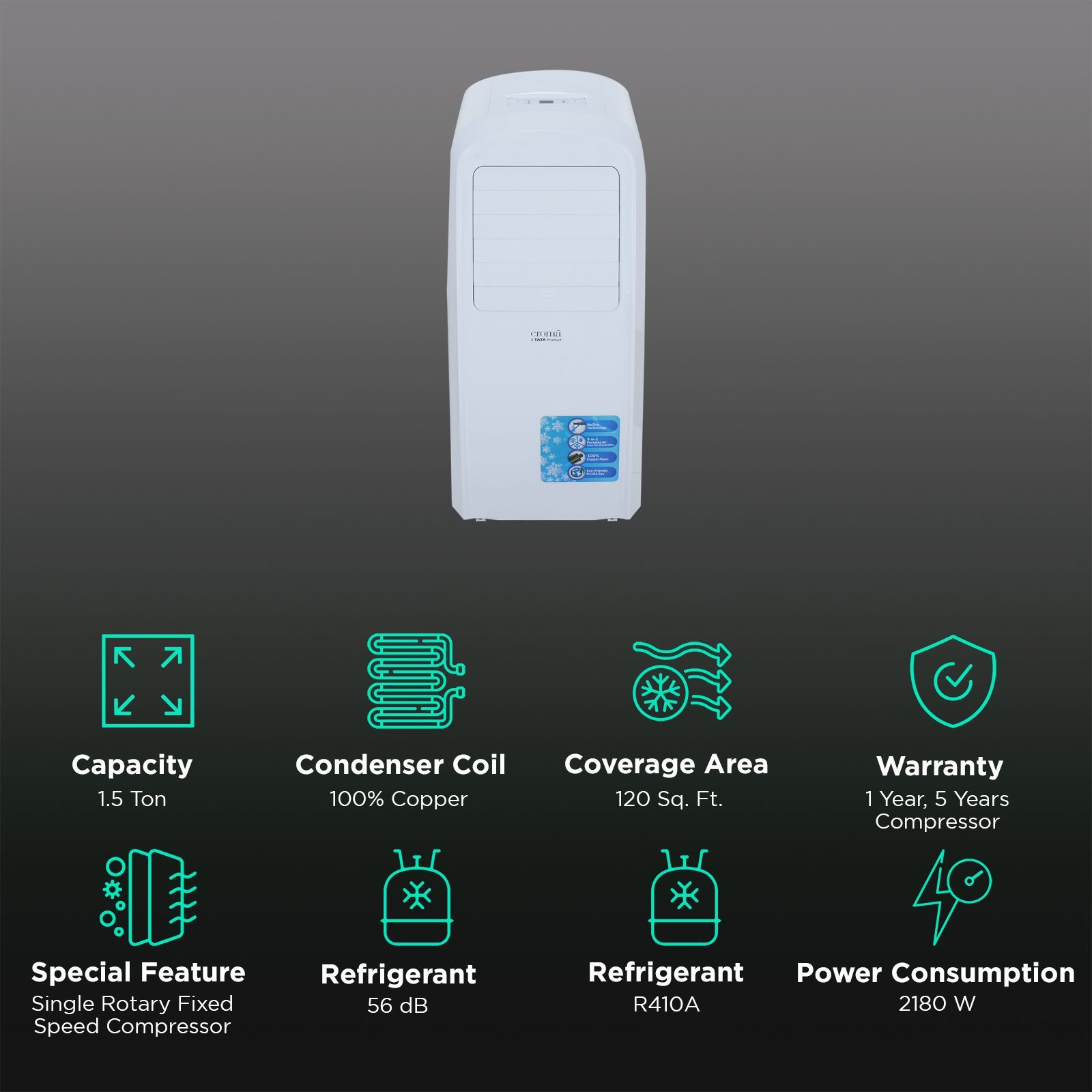 Croma 1.5 Ton Portable AC (Dust Filter, Copper Condenser, CRLA018PAA025801) Croma 1.5 Ton Portable AC (Dust Filter, Copper Condenser, CRLA018PAA025801)_2