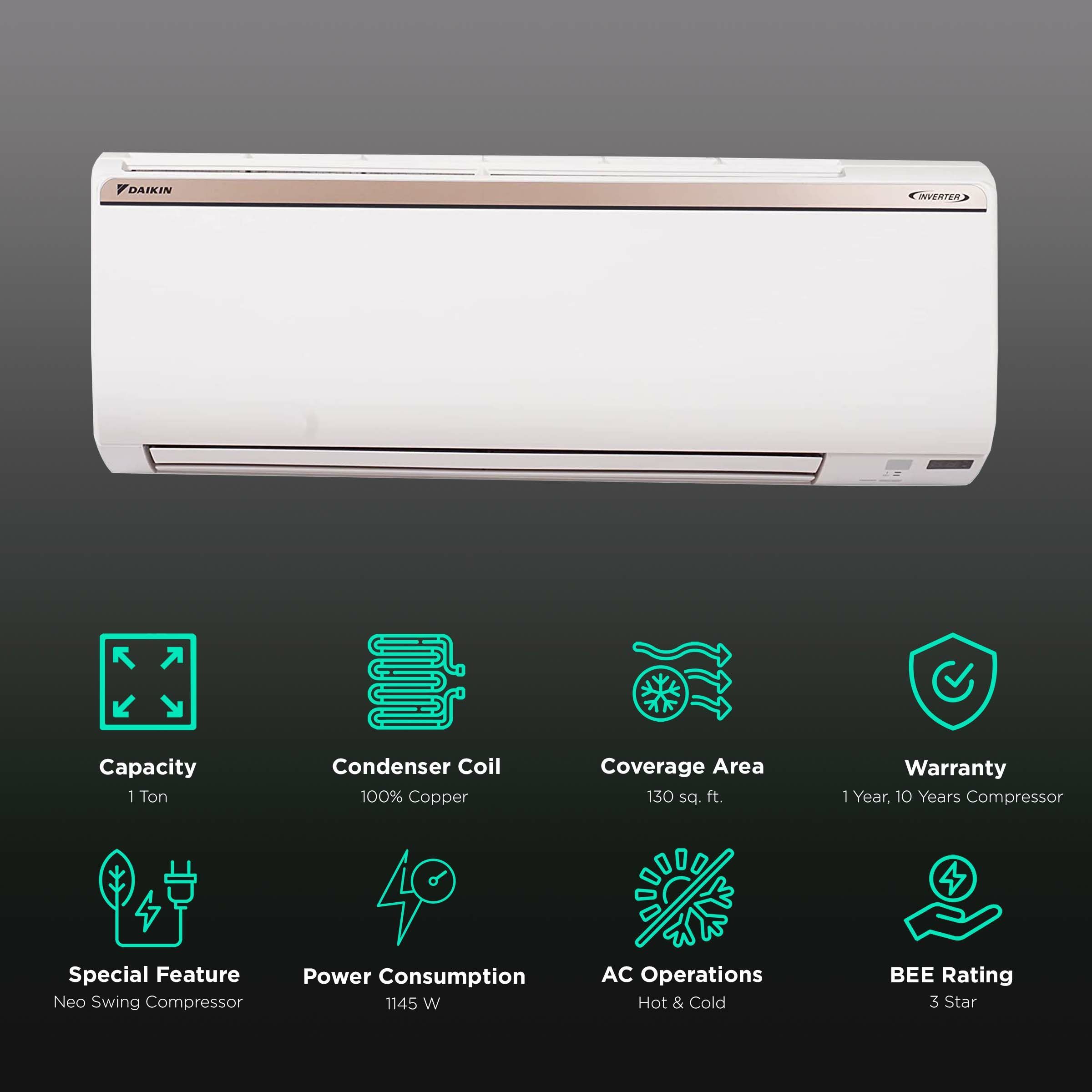 DAIKIN 1 Ton 3 Star Hot & Cold Inverter Split AC (Copper Condenser, PM 2.5 Filter, FTHT35UV) DAIKIN 1 Ton 3 Star Hot & Cold Inverter Split AC (Copper Condenser, PM 2.5 Filter, FTHT35UV)_2