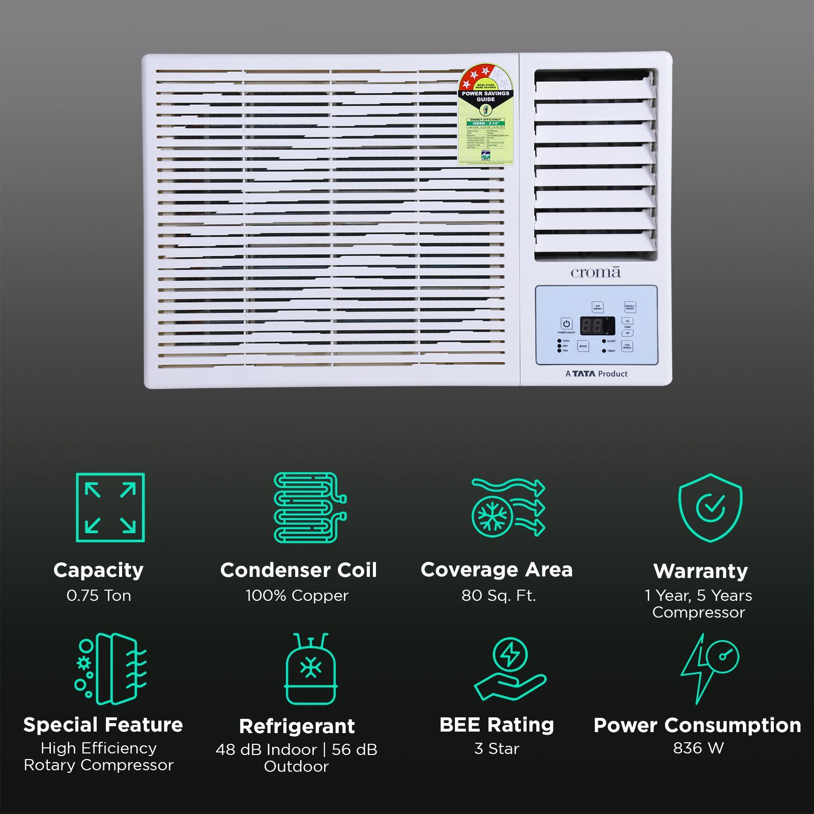 Croma 0.75 Ton 3 Star Window AC (Copper Condenser, Dust Filter)_2