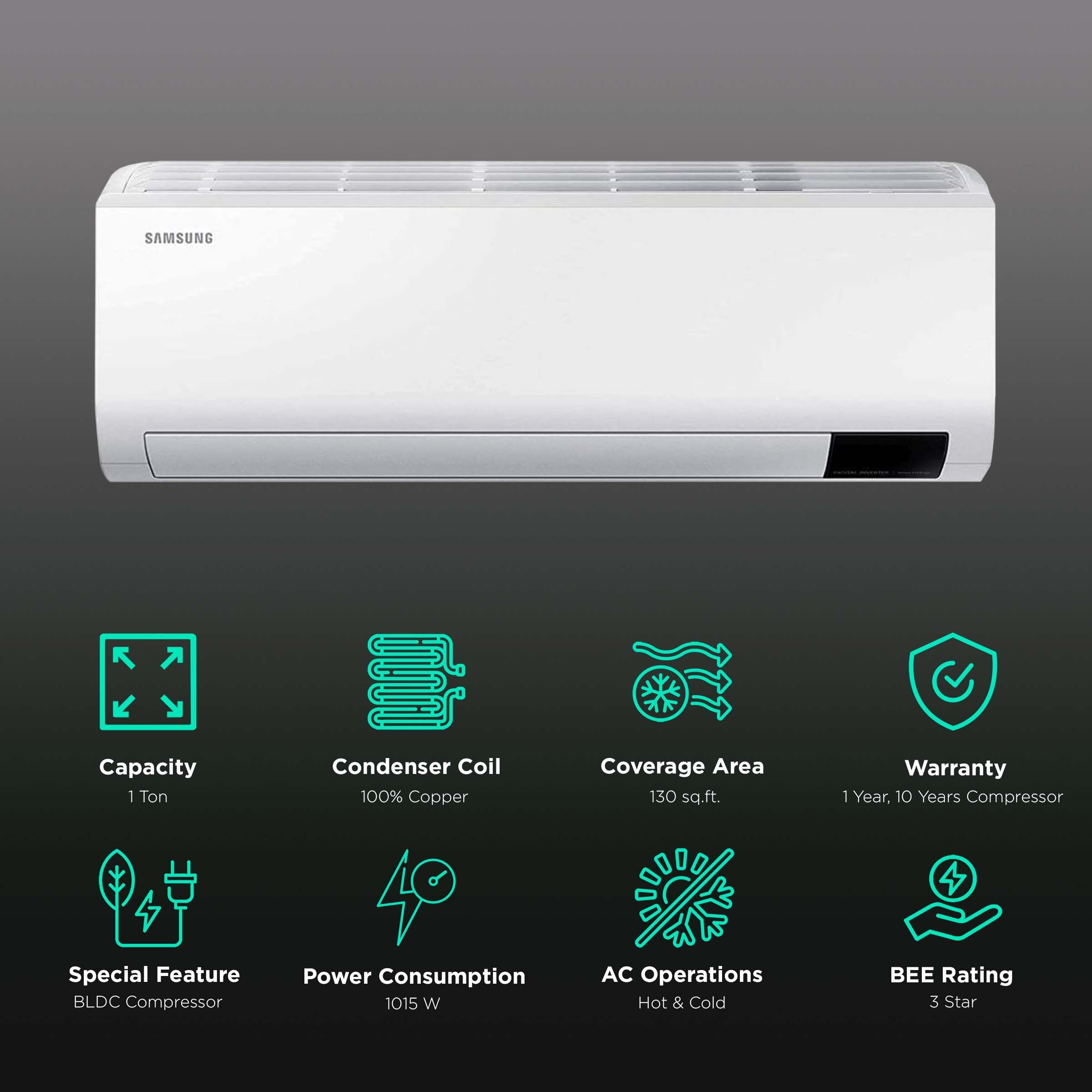 SAMSUNG Arise 5 in 1 Convertible 1 Ton 3 Star Hot & Cold Inverter Split AC with Anti Bacterial Coating (Copper Condenser, AR12BX4ZAWK)_1