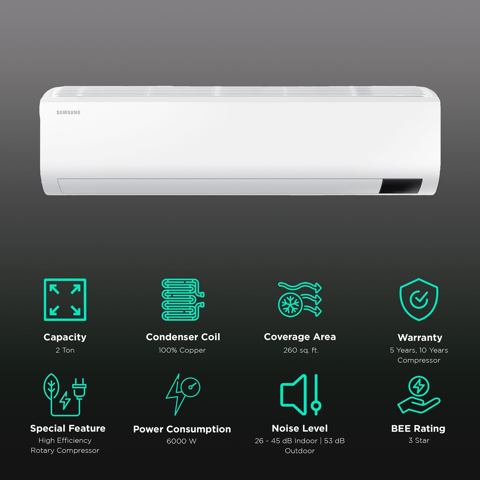 SAMSUNG GEO Plain 2 Ton 3 Star Inverter Split AC (Copper Condenser, Easy Filter Plus, AR24BY4YAWK)_2