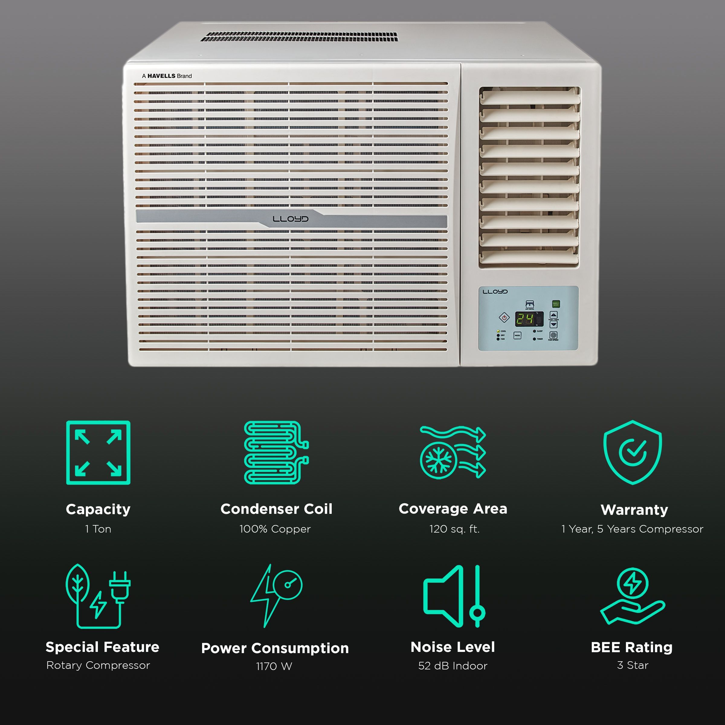 LLOYD 1 Ton 3 Star Window AC (Copper Condenser, Clean Air Filter, GLW12B3XWSEW)_2