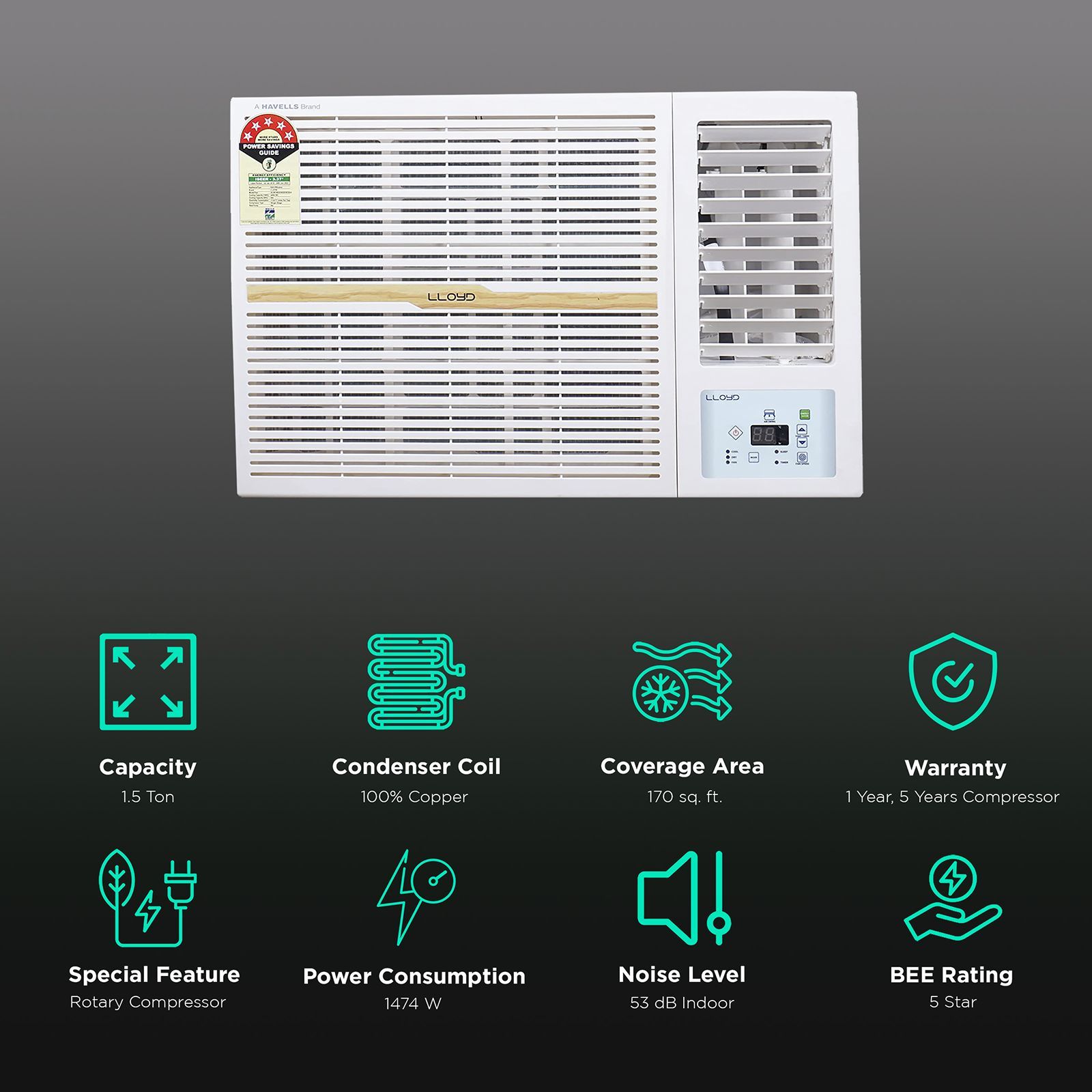 LLOYD 1.5 Ton 5 Star Window AC (Copper Condenser, Clean Air Filter, GLW18B5XWGEW)_2