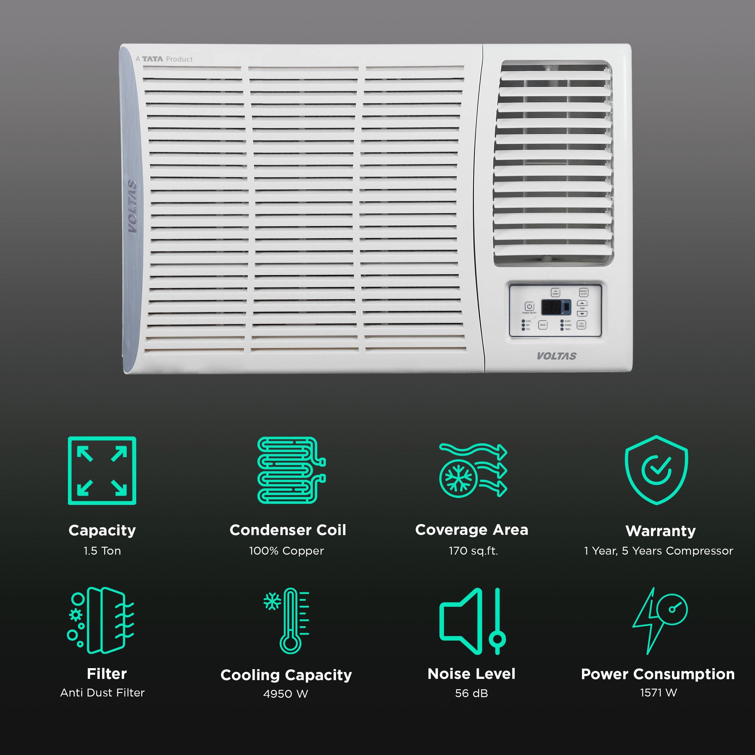 VOLTAS Vectra 1.5 Ton 3 Star Fixed Speed Window AC (Copper Condenser, Anti-Dust Filter, 183 Vectra Elite)_2