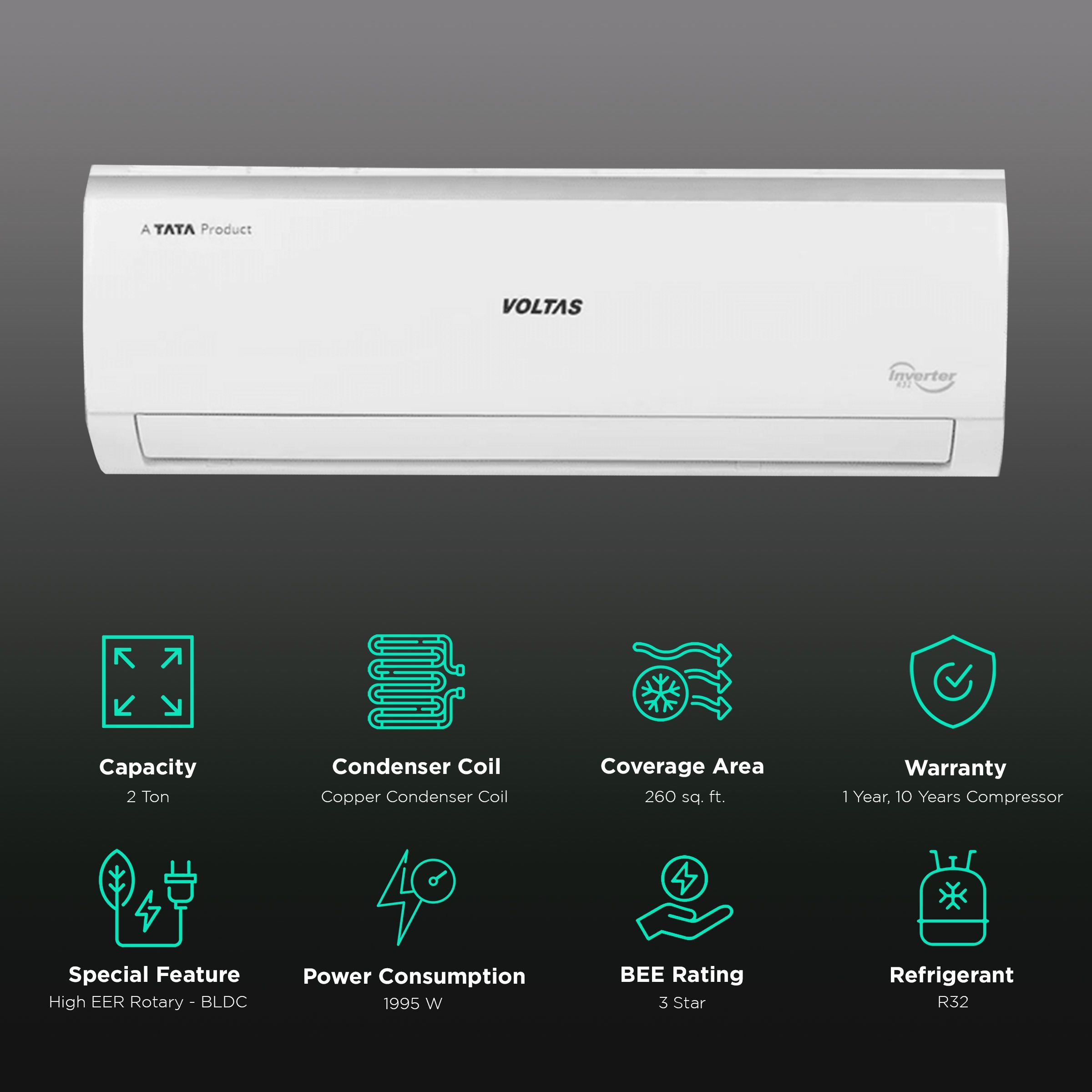 VOLTAS Vectra 2 Ton 3 Star Inverter Split AC (Copper Condenser, Anti-Dust Filter, 243V Vectra Elite, White) VOLTAS Vectra 2 Ton 3 Star Inverter Split AC (Copper Condenser, Anti-Dust Filter, 243V Vectra Elite, White)_2