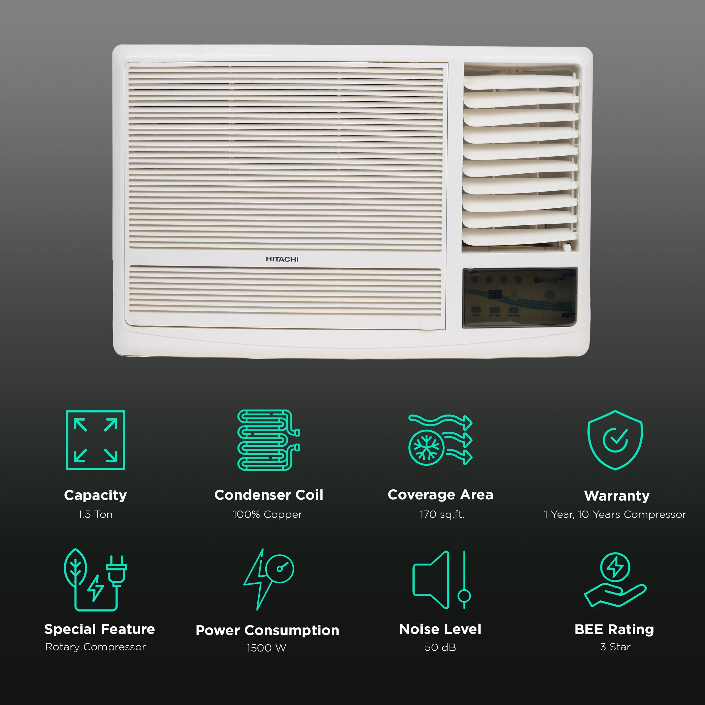 HITACHI Kaze Plus 1.5 Ton 3 Star Window AC (Copper Condenser, RAW318HFDOF)_2