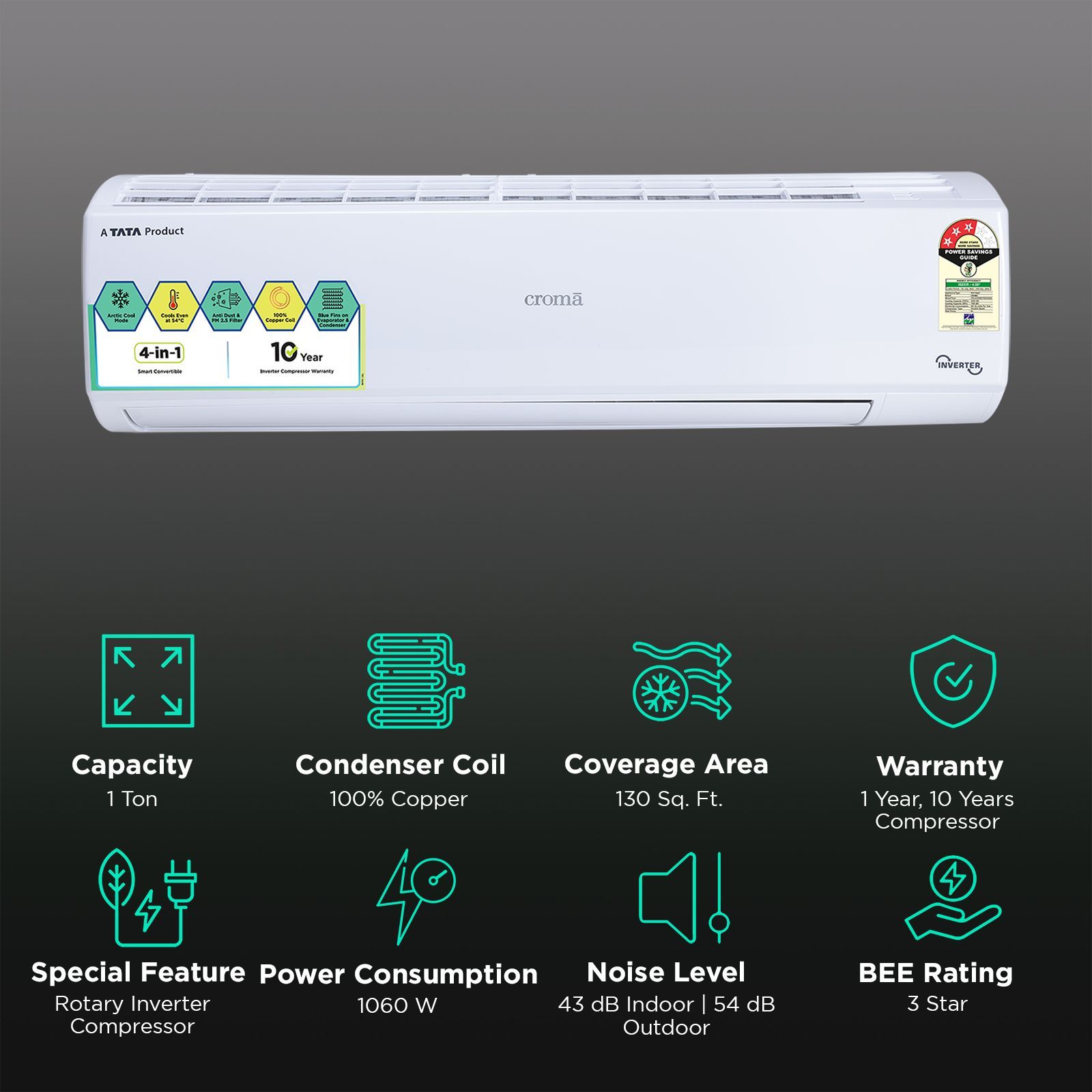 Croma 4 in 1 Convertible 1 Ton 3 Star Inverter Split AC with Dust Filter (Copper Condenser, CRLA012IND170251)_2
