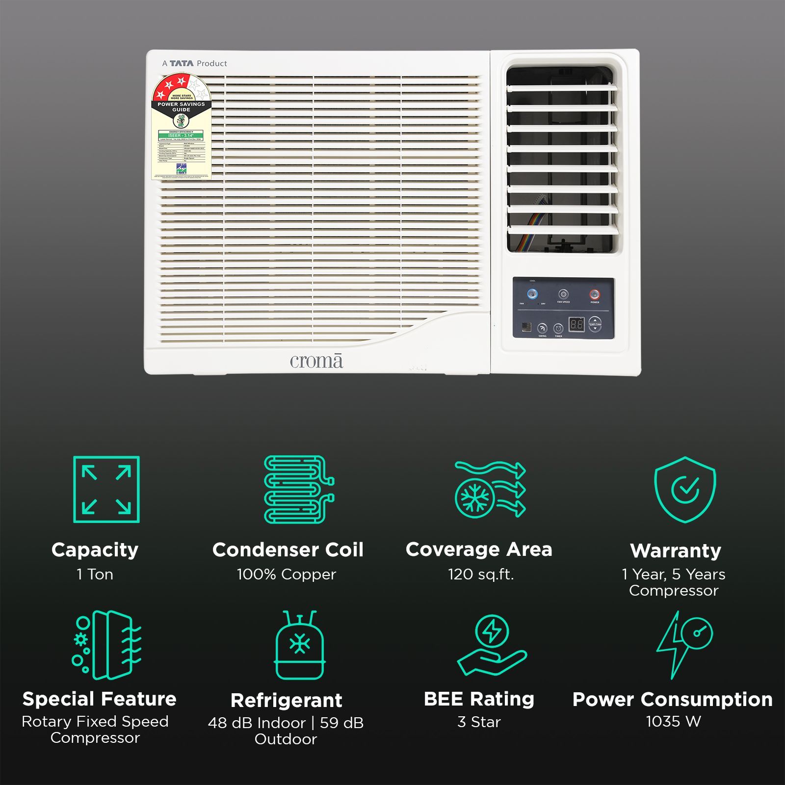 Croma 1 Ton 3 Star Fixed Speed Window AC (Copper Condenser, Dust Filter) Croma 1 Ton 3 Star Fixed Speed Window AC (Copper Condenser, Dust Filter)_2