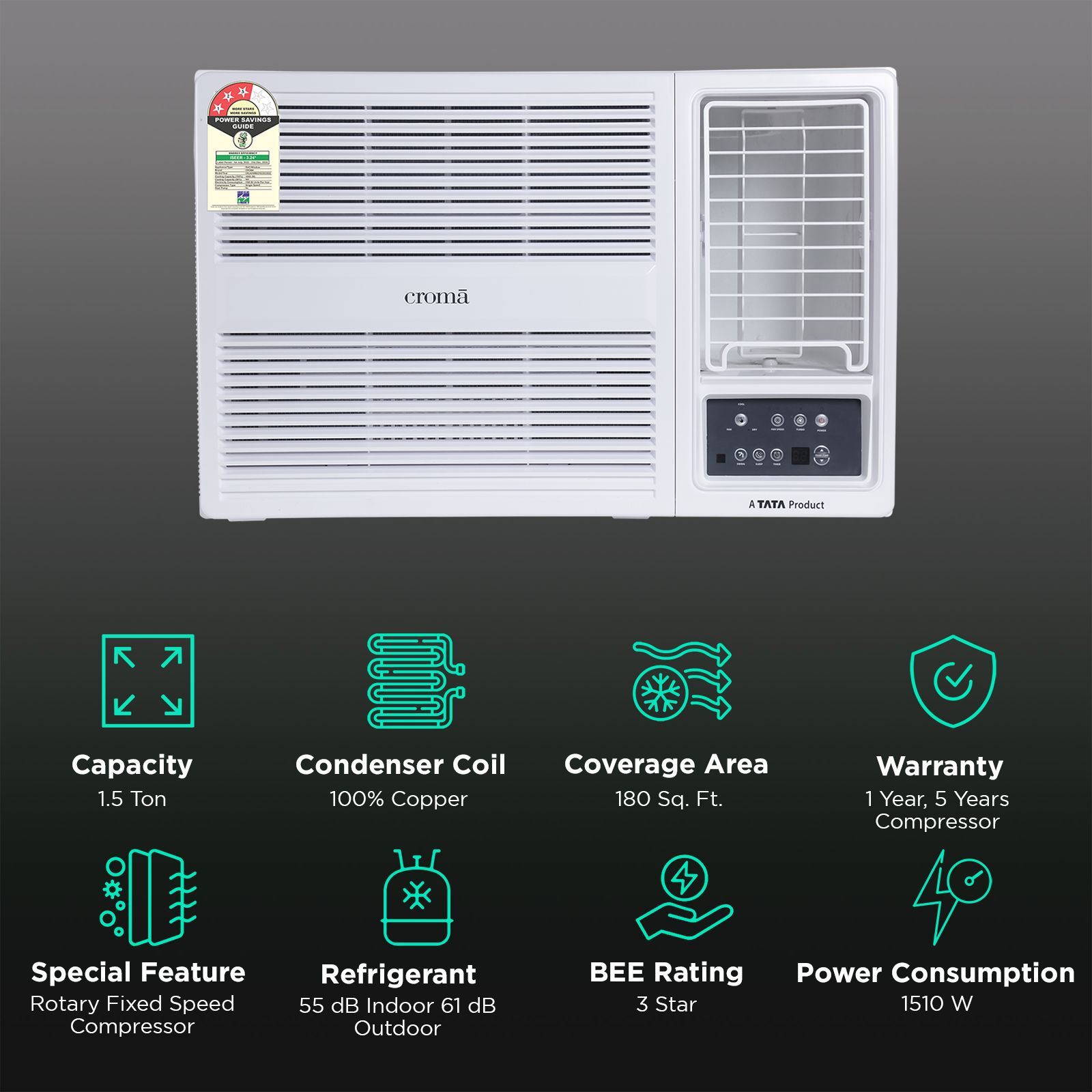 Croma 1.5 Ton 3 Star Fixed Speed Window AC (Copper Condenser, Dust Filter)_2