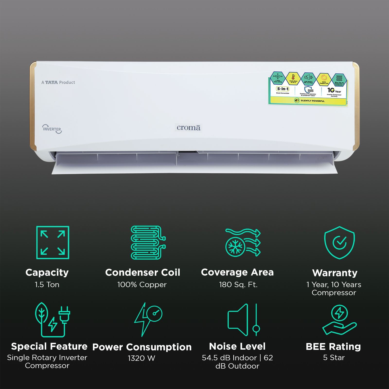 Croma 5 in 1 Convertible 1.5 Ton 5 Star Inverter Split AC with Self Diagnosis (Copper Condenser, CRLA018INF255954)_2