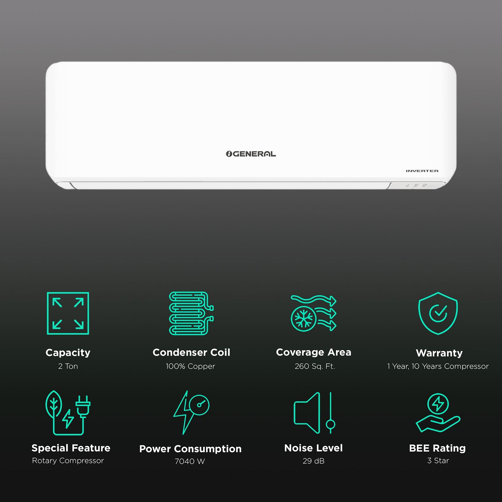 O GENERAL 2 Ton 3 Star Inverter Split AC (Copper Condenser, ASGG24CPTB-B)_2