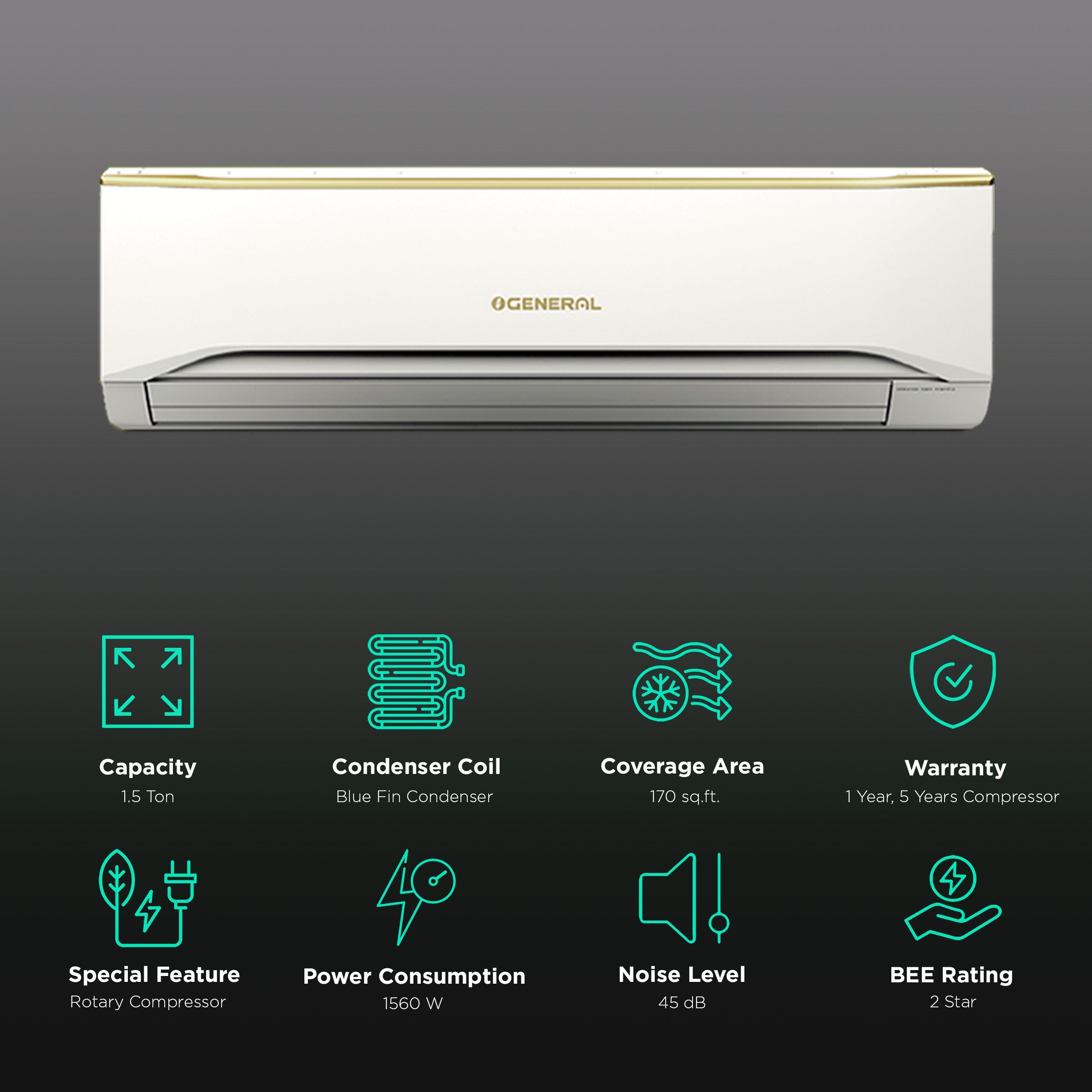 O GENERAL 1.5 Ton 2 Star Split AC ( Copper Condenser, Mildew Resistant Filter, ASGA18FUTD-B)_2