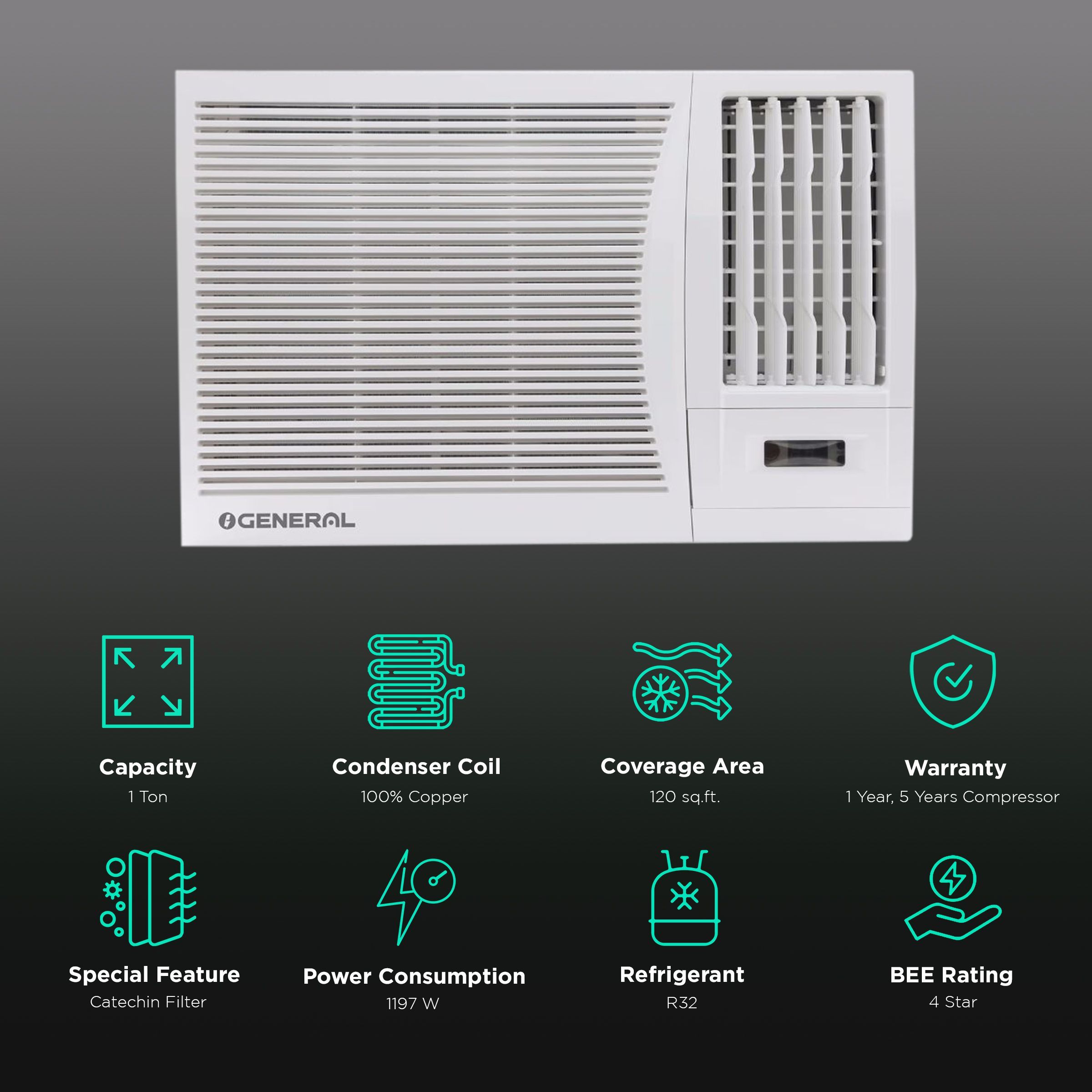 O GENERAL 1 Ton 4 Star Window AC (Copper Condenser, Catechin Filter, AFGB12BAWA-B)_2