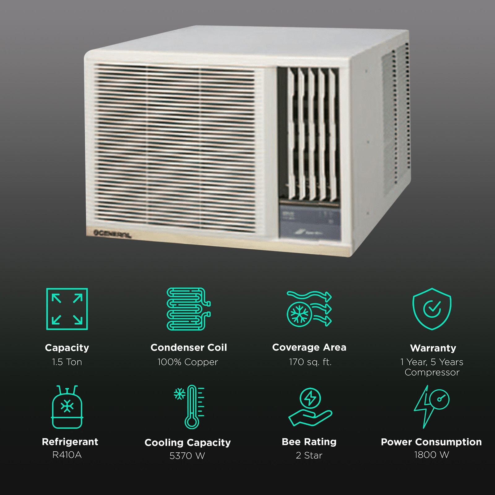 O GENERAL 1.5 Ton 2 Star Window AC (Copper Condenser, Mildew Resistant Filter, AXGTB18FHTC- B) O GENERAL 1.5 Ton 2 Star Window AC (Copper Condenser, Mildew Resistant Filter, AXGTB18FHTC- B)_1