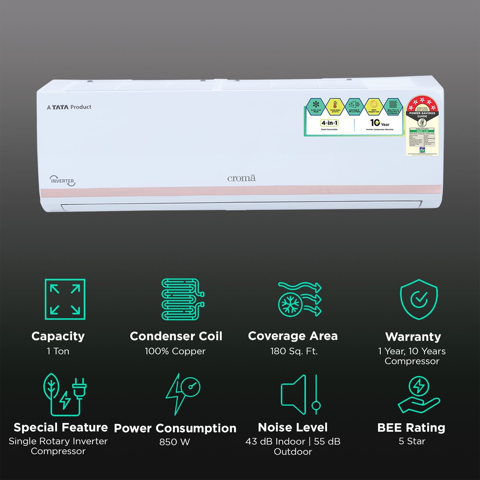Croma 4 in 1 Convertible 1 Ton 5 Star Inverter Split AC with Dust Filter (Copper Condenser, CRLA012INF283254)_2