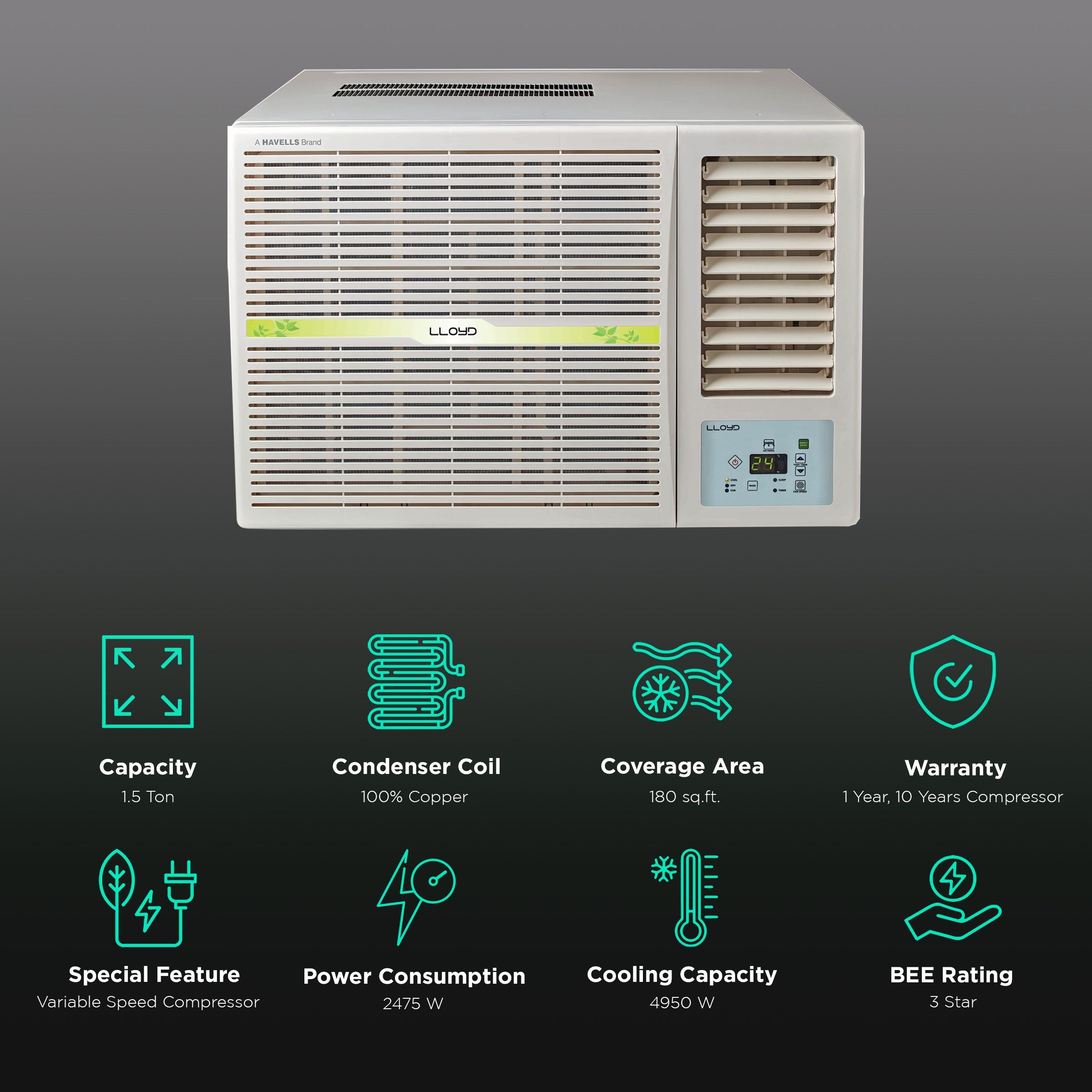 LLOYD 1.5 Ton 3 Star Inverter Window AC (Copper Condenser, GLW18I3FWCEV) LLOYD 1.5 Ton 3 Star Inverter Window AC (Copper Condenser, GLW18I3FWCEV)_2