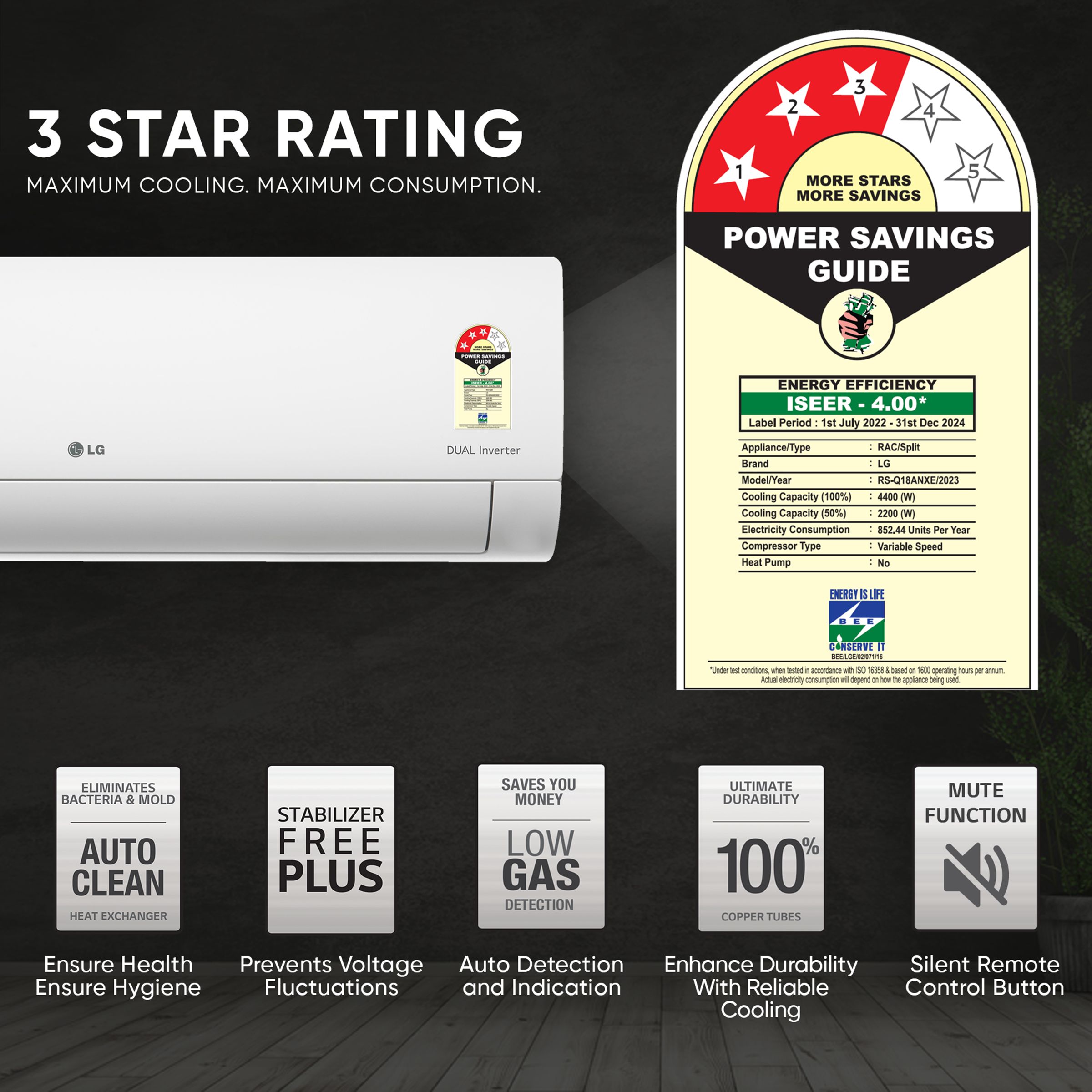 LG 6 in 1 Convertible 1.5 Ton 3 Star AI Dual Inverter Split AC with Auto Cleanser (Copper Condenser, RS-Q18ANXE)_12