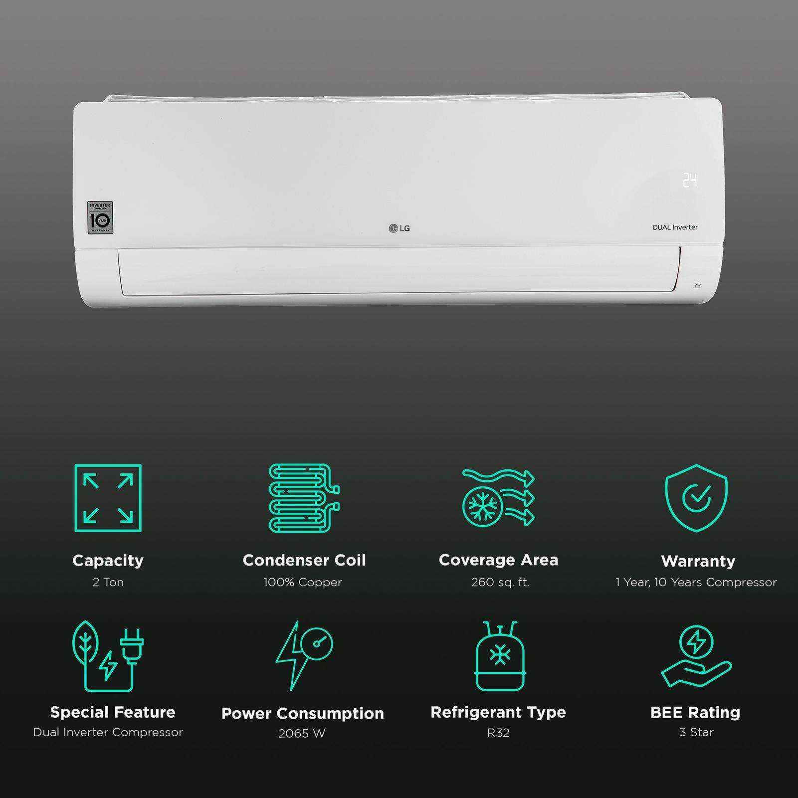 LG 6 in 1 Convertible 2 Ton 3 Star AI Dual Inverter Split AC with 4-Way Swing (Copper Condenser, RS-Q24ENXE)_2