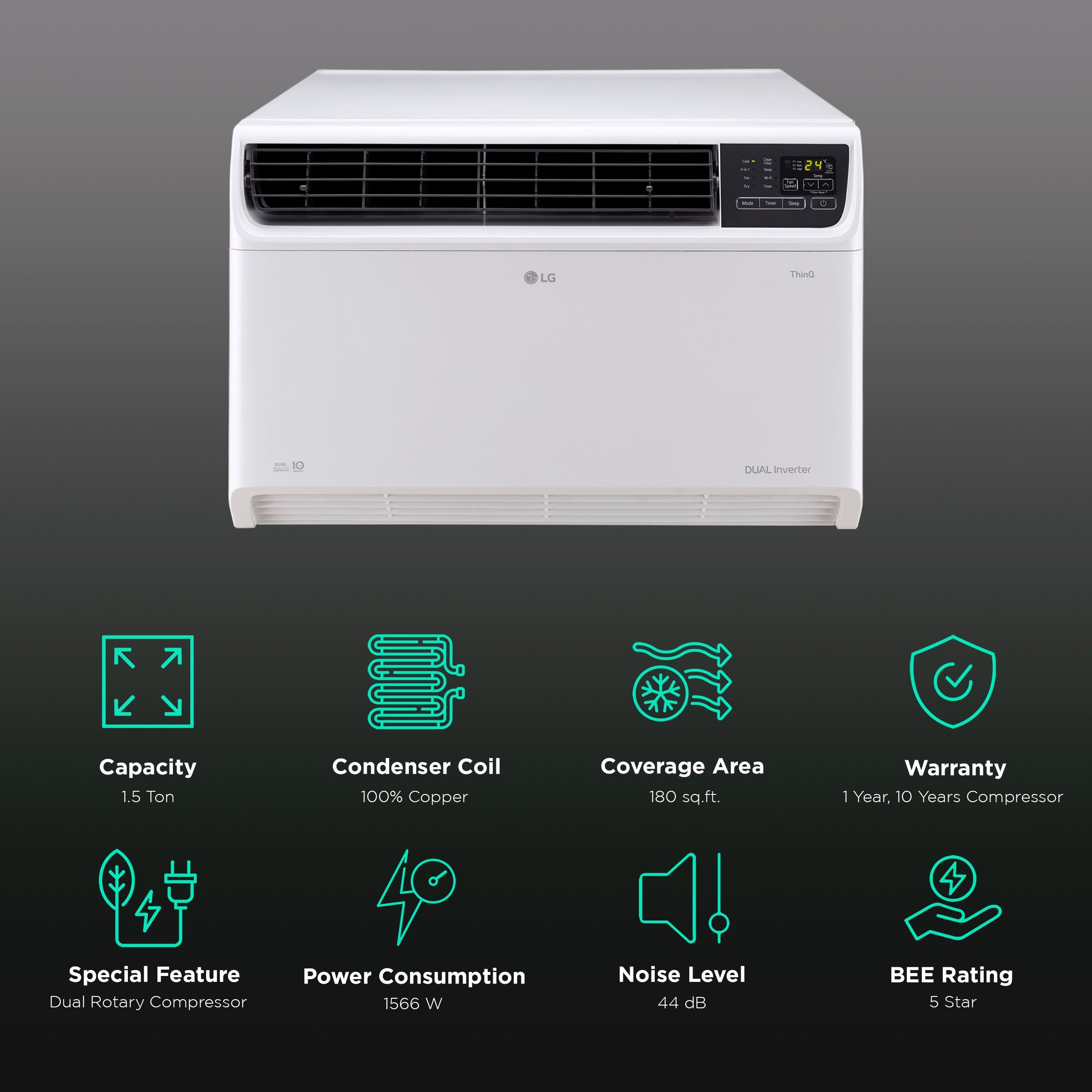 LG 4 in 1 Convertible 1.5 Ton 5 Star Dual Inverter Window Smart AC with Stabilizer Free Operation (Copper Condenser, RW-Q18WWZA)_2