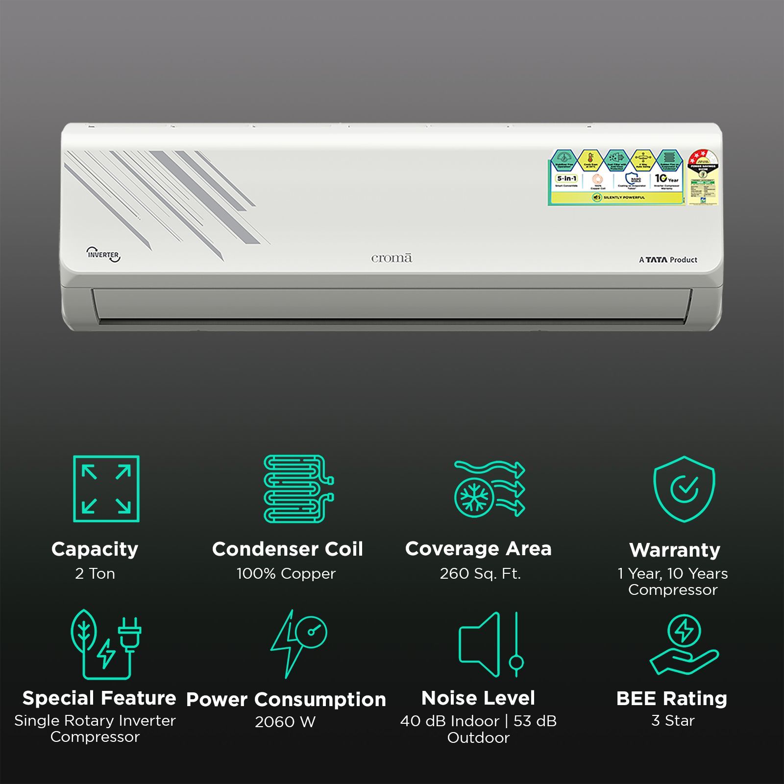 Croma 5 in 1 Convertible 2 Ton 3 Star Inverter Split AC with Dust Filter (Copper Condenser, CRLA024IND255354) Croma 5 in 1 Convertible 2 Ton 3 Star Inverter Split AC with Dust Filter (Copper Condenser, CRLA024IND255354)_2