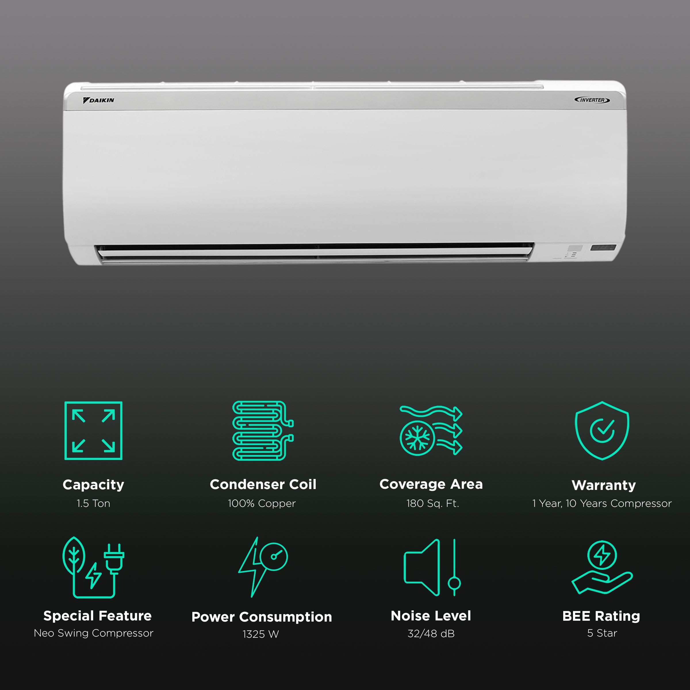 DAIKIN Standard 1.5 Ton 5 Star Inverter Split AC (Copper Condenser, Dust Filter, MTKM50U) DAIKIN Standard 1.5 Ton 5 Star Inverter Split AC (Copper Condenser, Dust Filter, MTKM50U)_2