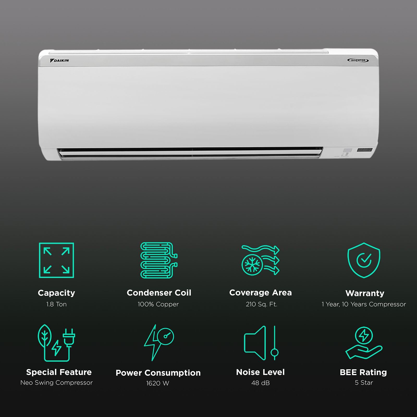 DAIKIN Standard 1.8 Ton 5 Star Inverter Split AC (Copper Condenser, PM 2.5 Filter, MTKM60U) DAIKIN Standard 1.8 Ton 5 Star Inverter Split AC (Copper Condenser, PM 2.5 Filter, MTKM60U)_2
