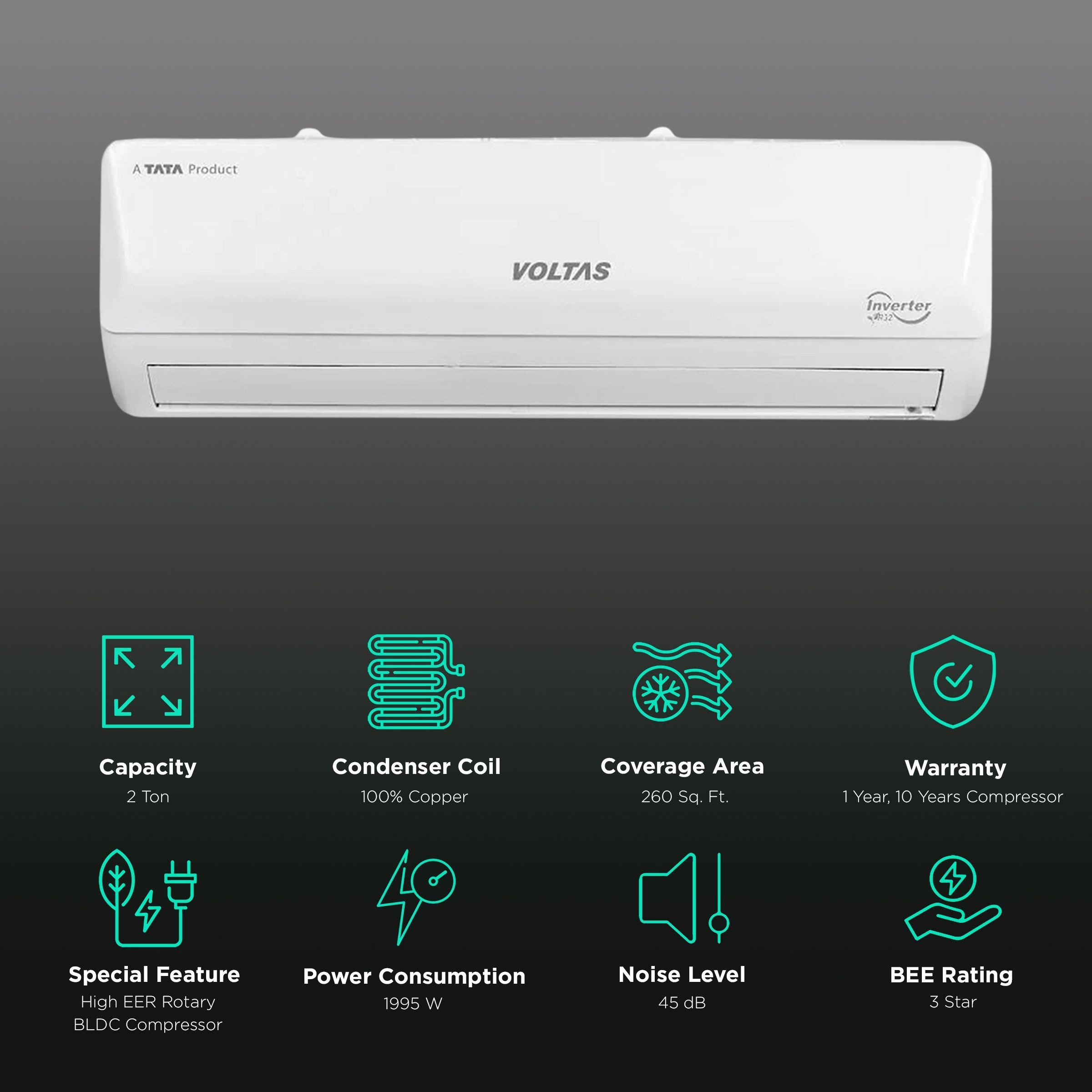 VOLTAS Vertis 5 in 1 Convertible 2 Ton 3 Star Inverter Split AC with 4-Way Swing (Copper Condenser, 243V Vertis Emerald)_2