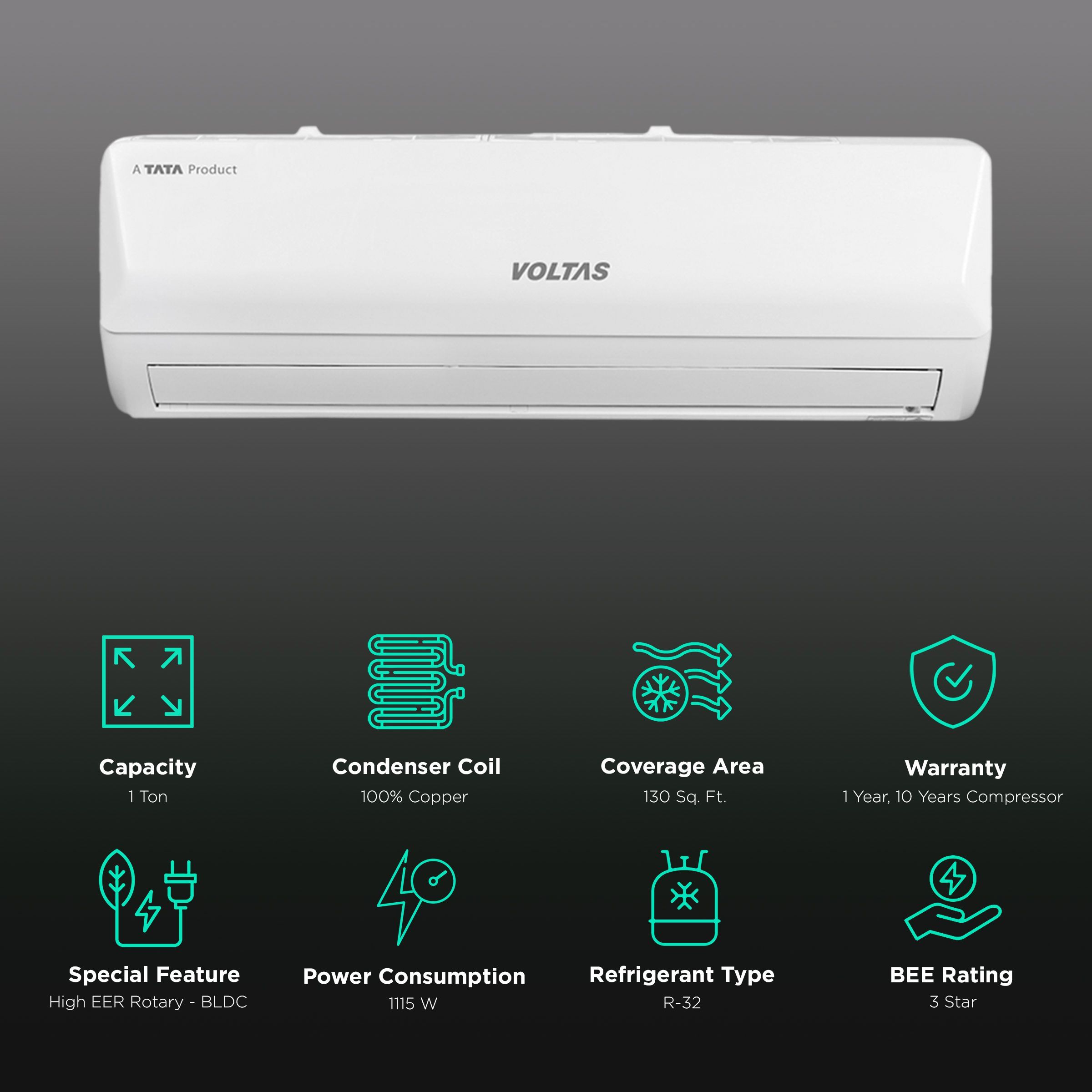 VOLTAS Vertis 5 in 1 Convertible 1 Ton 3 Star Inverter Split AC with 4-Way Swing (Copper Condenser, 123V Vertis Emerald Marvel)_2