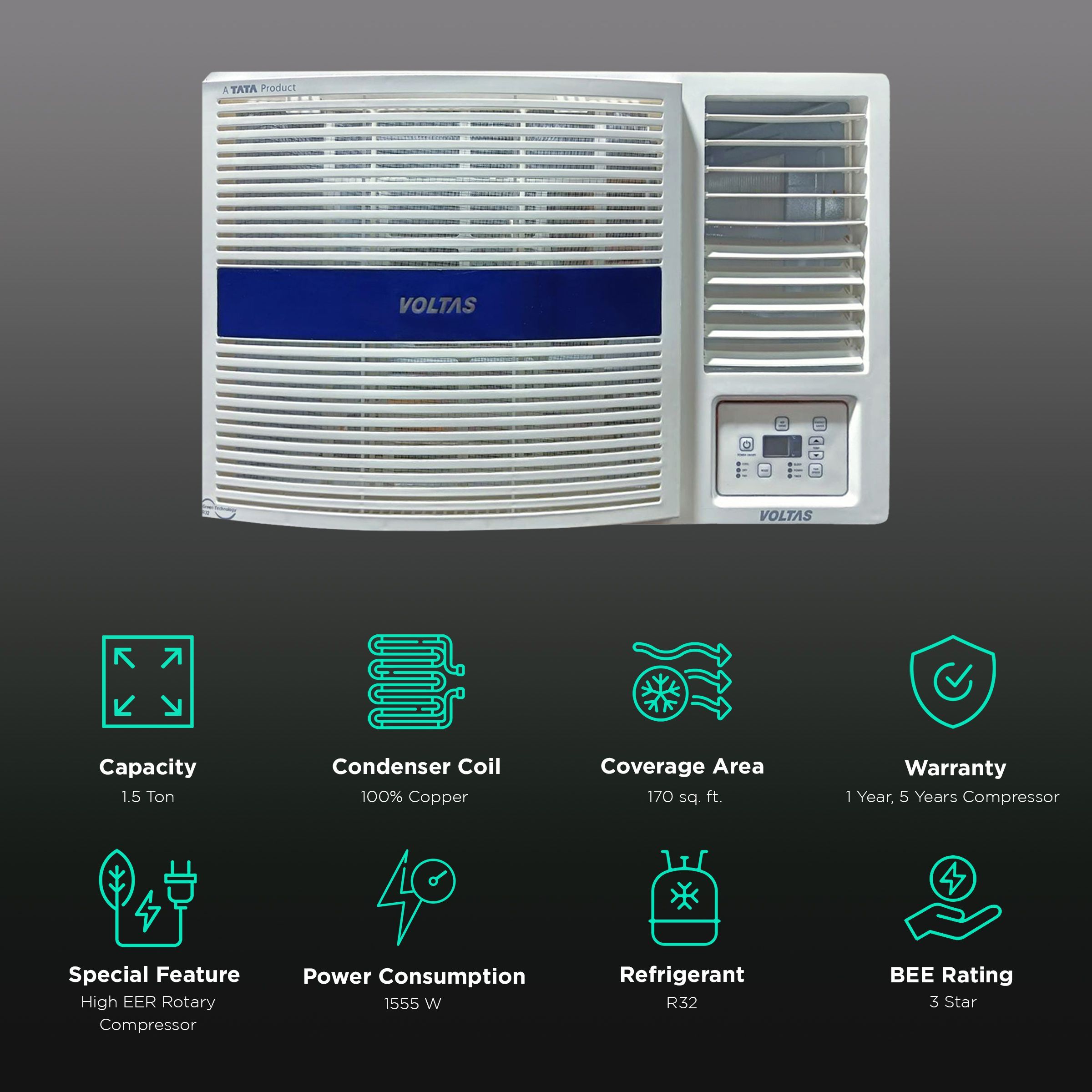 VOLTAS 183V Vectra Pearl Marvel 1.5 Ton 3 Star Fixed Speed Window AC ( Copper Condenser, Anti-Dust Filter)_2