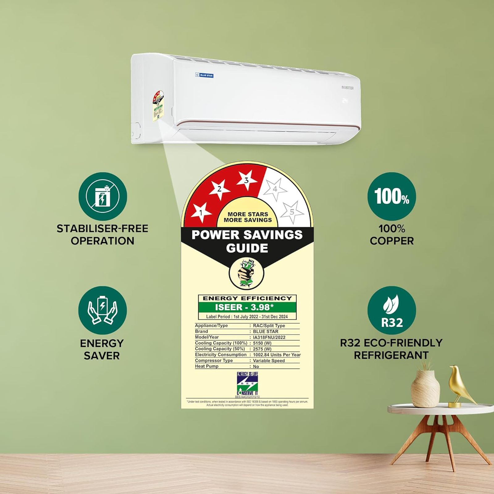 Blue Star M Series 5 in 1 Convertible 1.5 Ton 3 Star Inverter Split AC with 4-Way Swing (Copper Condenser, IC318MNU) Blue Star M Series 5 in 1 Convertible 1.5 Ton 3 Star Inverter Split AC with 4-Way Swing (Copper Condenser, IC318MNU)_12