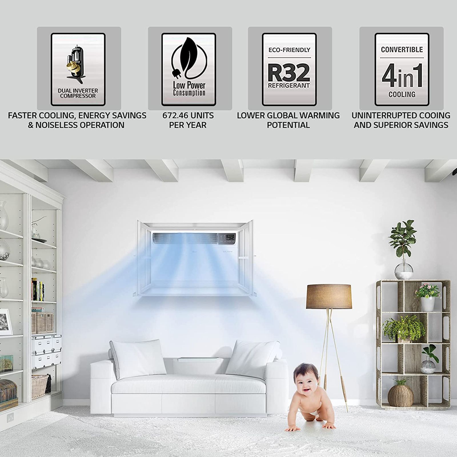 LG 4 in 1 Convertible 1 Ton 5 Star Dual Inverter Window Smart AC with Clean Filter and HD Filter (2023 Model, Copper Condenser, PW-Q12WUZA)_9