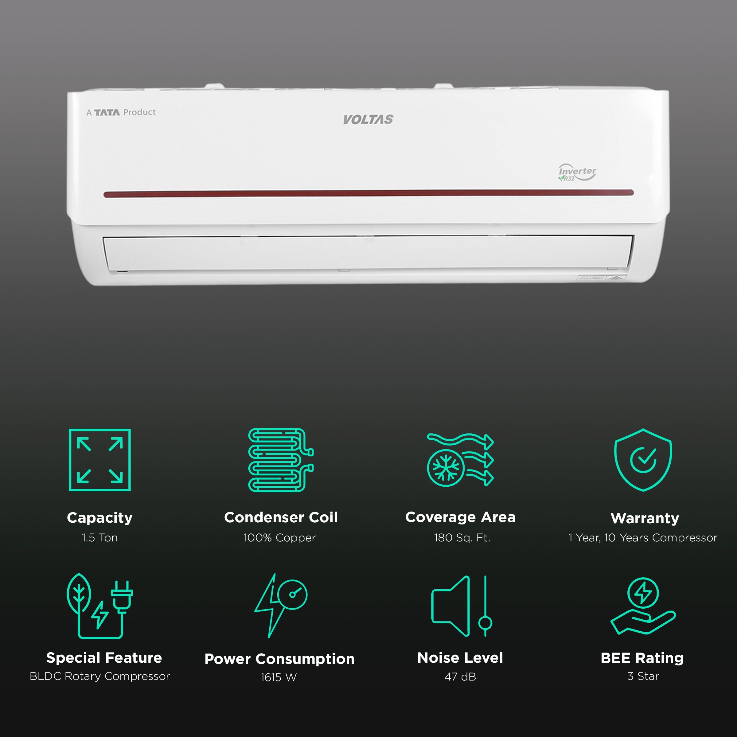 VOLTAS Vectra 4 in 1 Convertible 1.5 Ton 3 Star Inverter Split AC with Auto Clean Function (Copper Condenser, 183V Vectra Prism) VOLTAS Vectra 4 in 1 Convertible 1.5 Ton 3 Star Inverter Split AC with Auto Clean Function (Copper Condenser, 183V Vectra Prism)_2