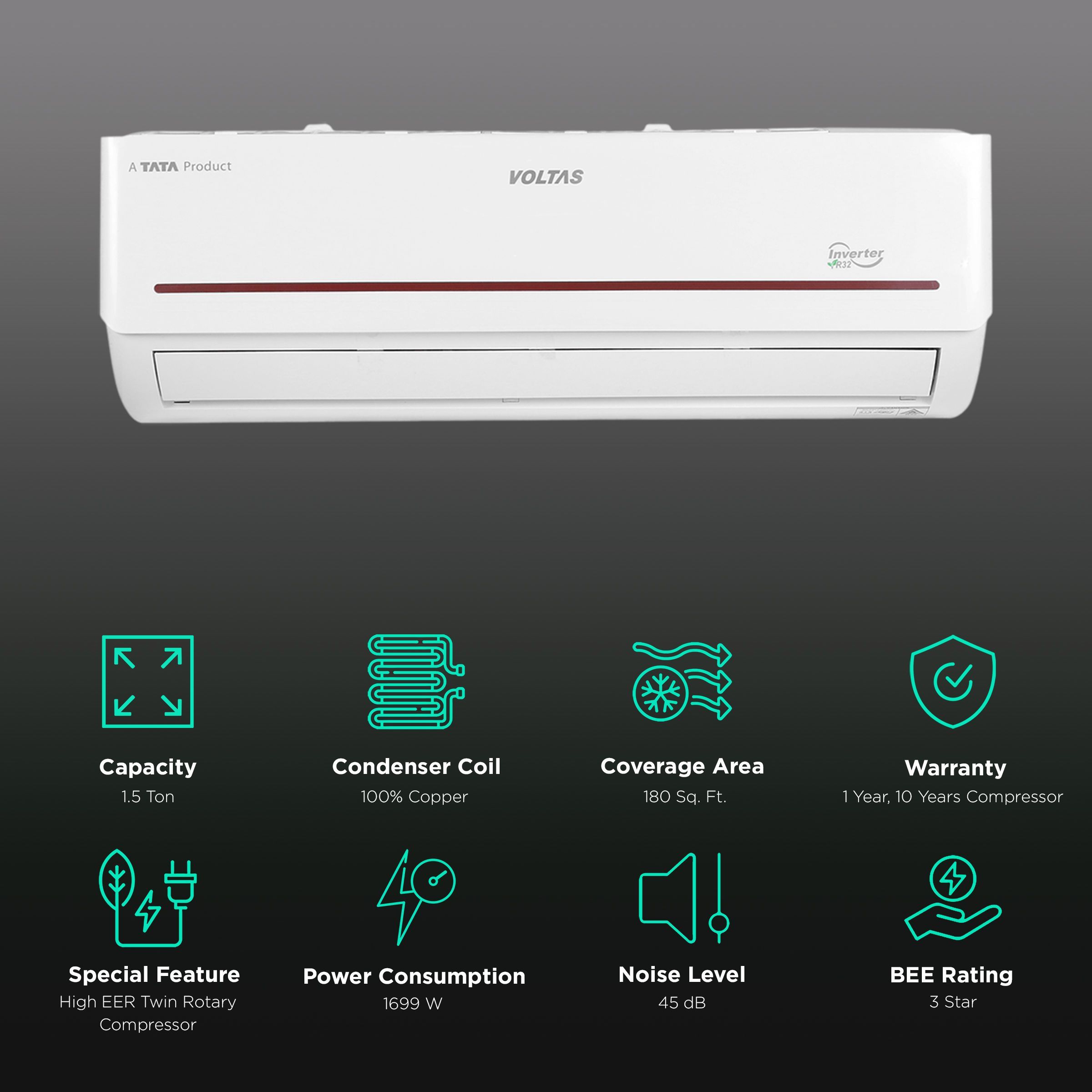 VOLTAS Vertis 5 in 1 Convertible 1.5 Ton 3 Star Hot & Cold Inverter Split AC with 4-Way Swing ( Copper Condenser, 183VH Vertis Prism)_2